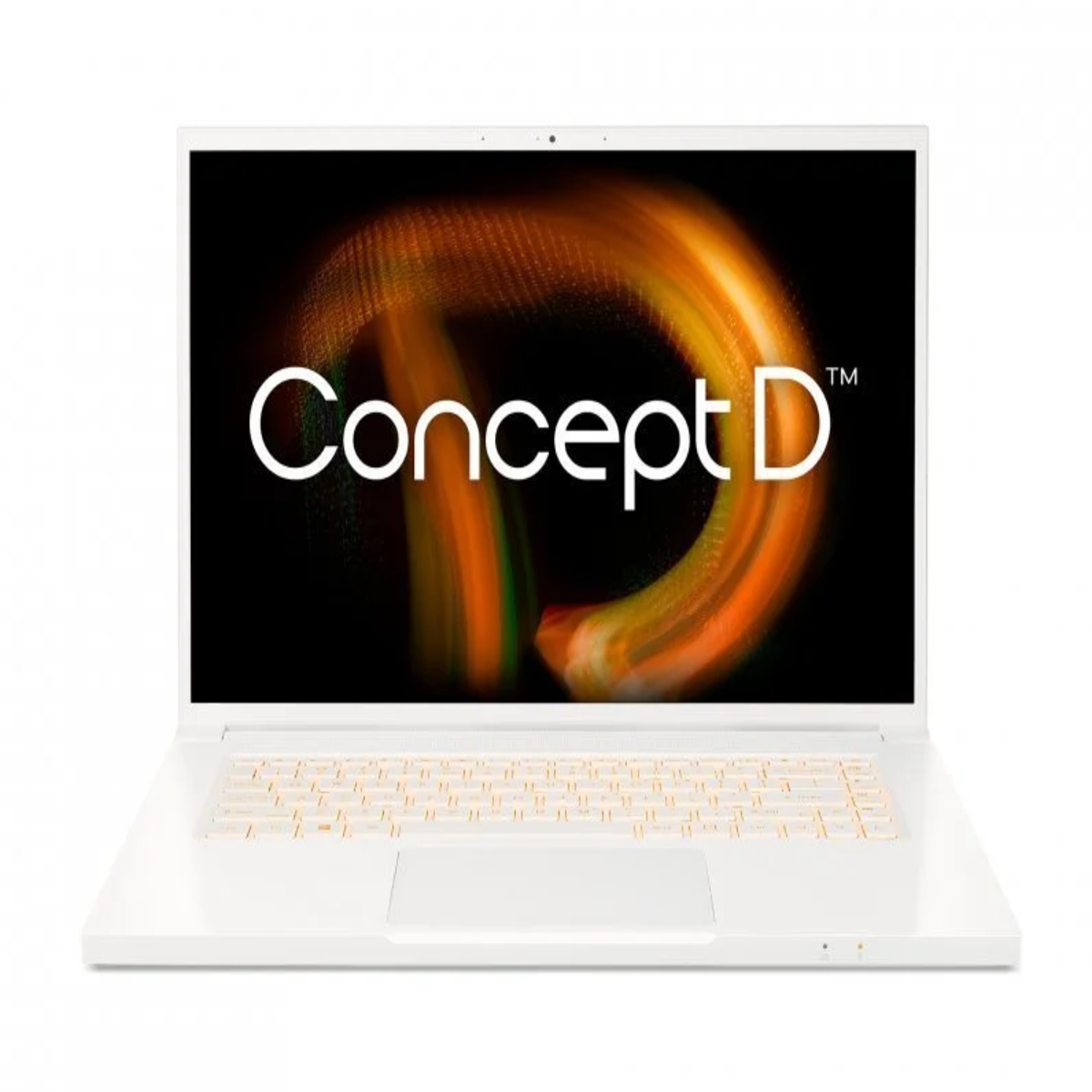 Ordenador portátil blanco con la palabra Concept D en la pantalla. Fondo negro y naranja.