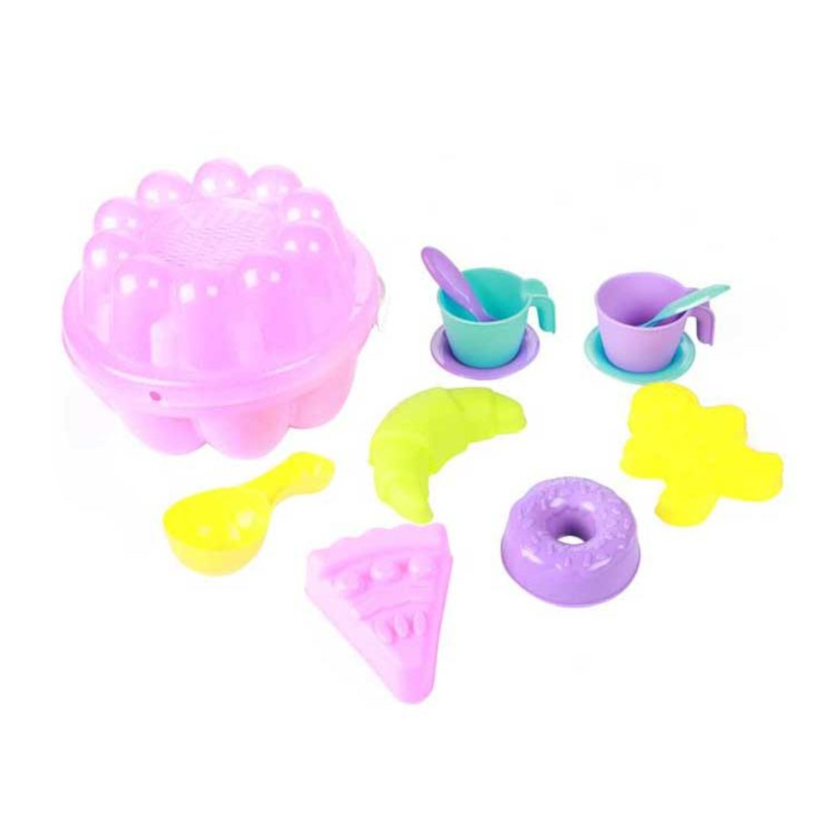 Ein Set bunter Spielzeug-Lebensmittelformen, darunter ein Kuchen und ein Donut, auf weißem Grund.
