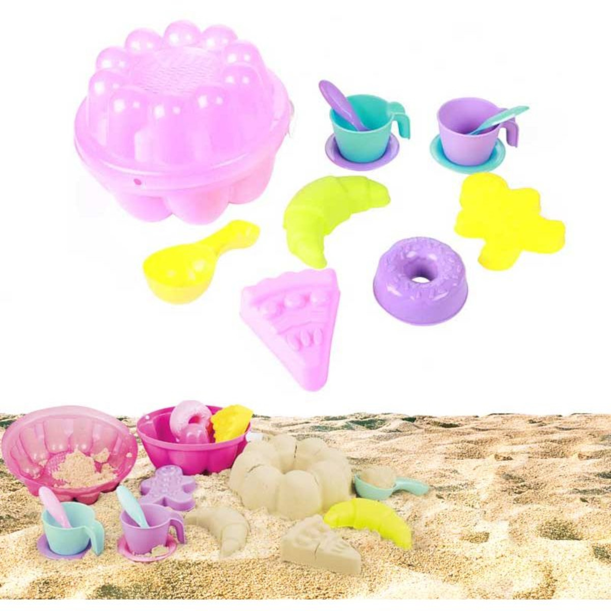 Sandformen in verschiedenen Formen, darunter Kuchen, Pizzastück und Donut, auf Sand.
