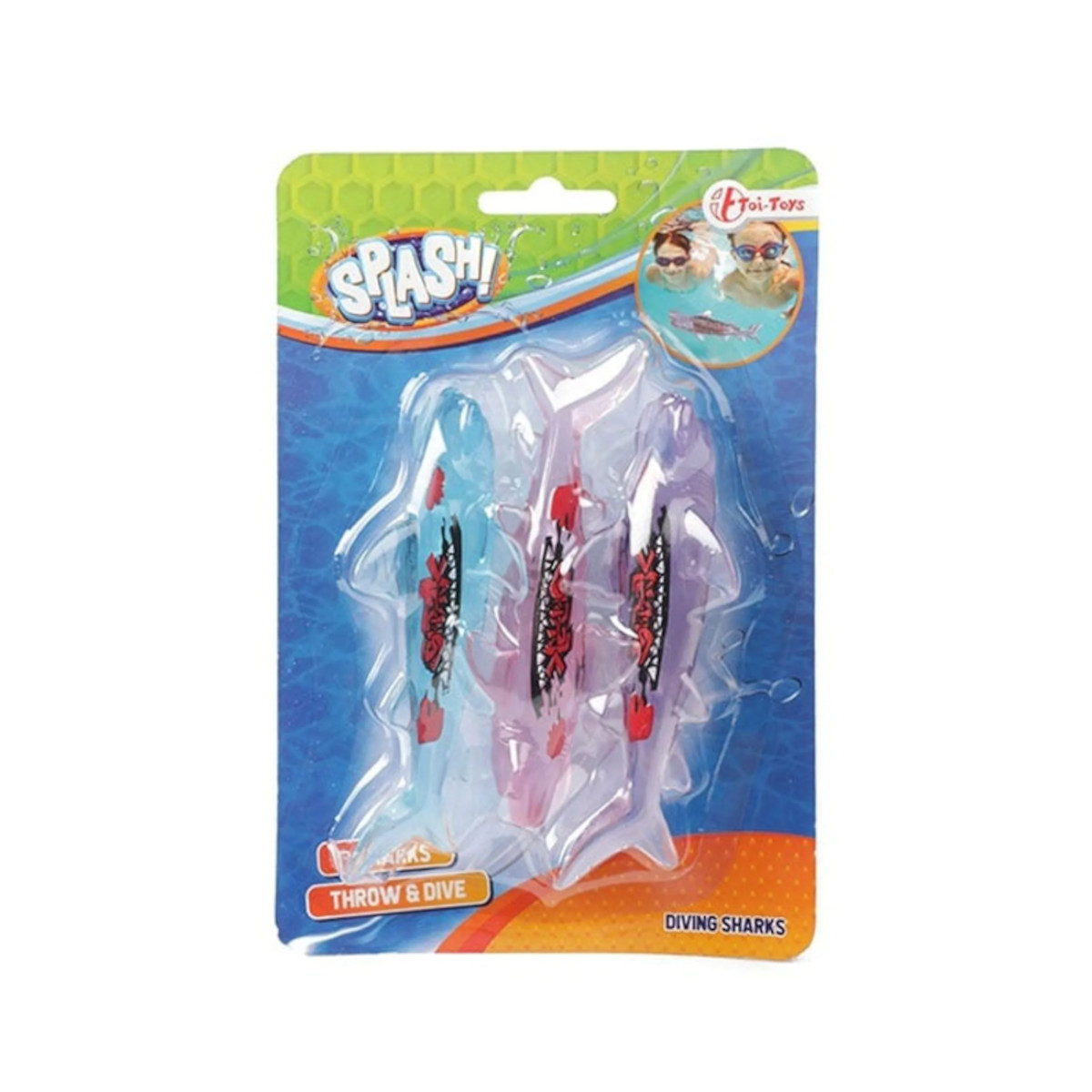 Spielzeugpackung mit drei haiförmigen Tauchspielzeugen im Wasser.