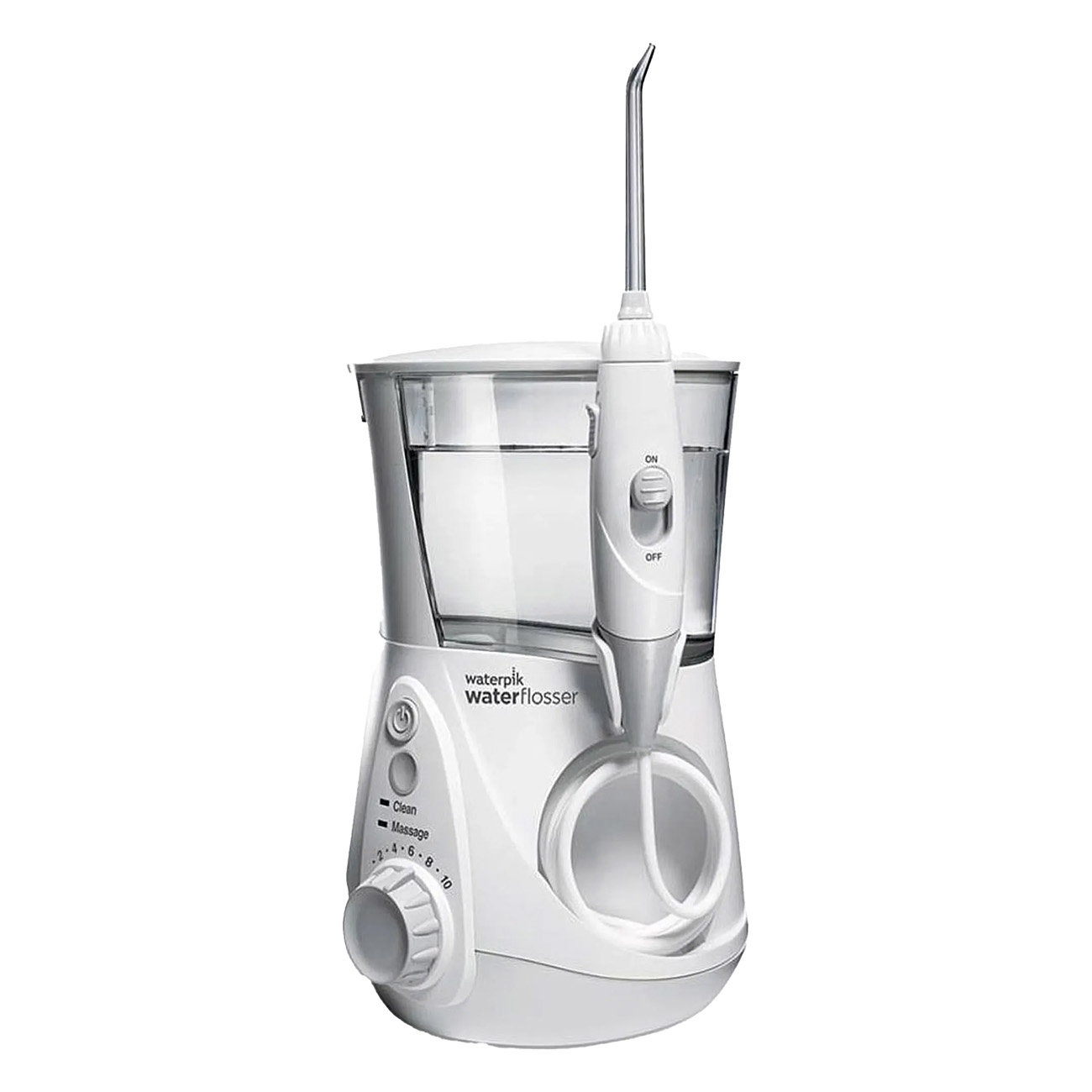 Ein weißer Waterpik-Wasserflosser mit Wasserbehälter und verschiedenen Einstellungen.