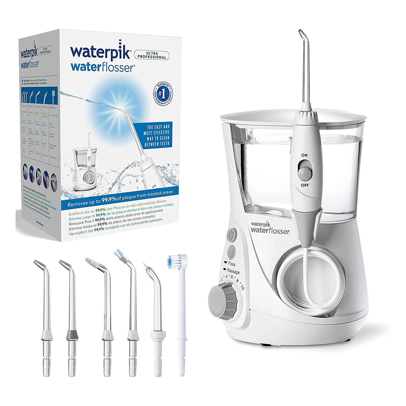 Waterpik Wasserflosser mit mehreren Aufsätzen und einer Box links.