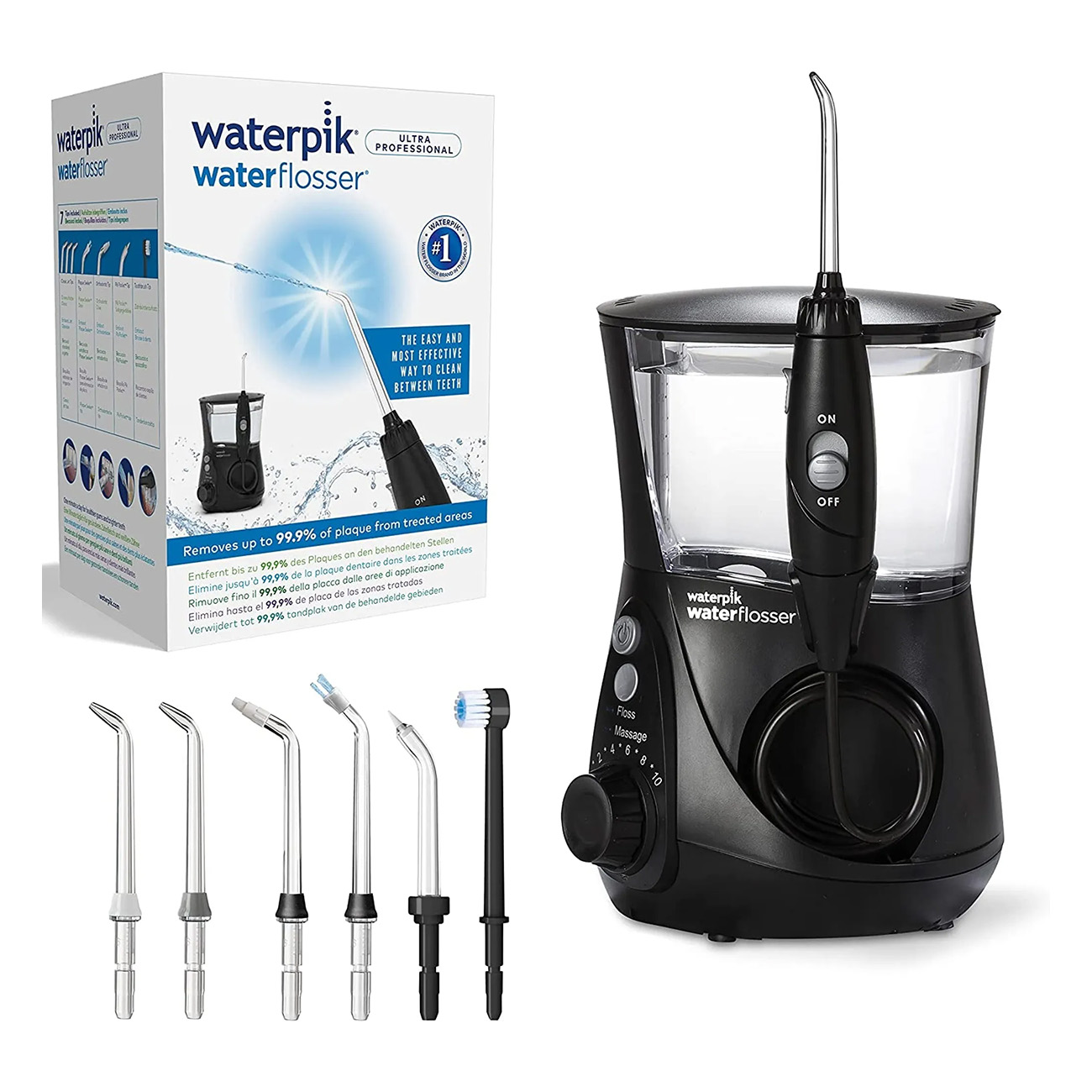 Idropulsore Waterpik con la scatola, l'idropulsore e vari beccucci. Un serbatoio dell'acqua trasparente è visibile.