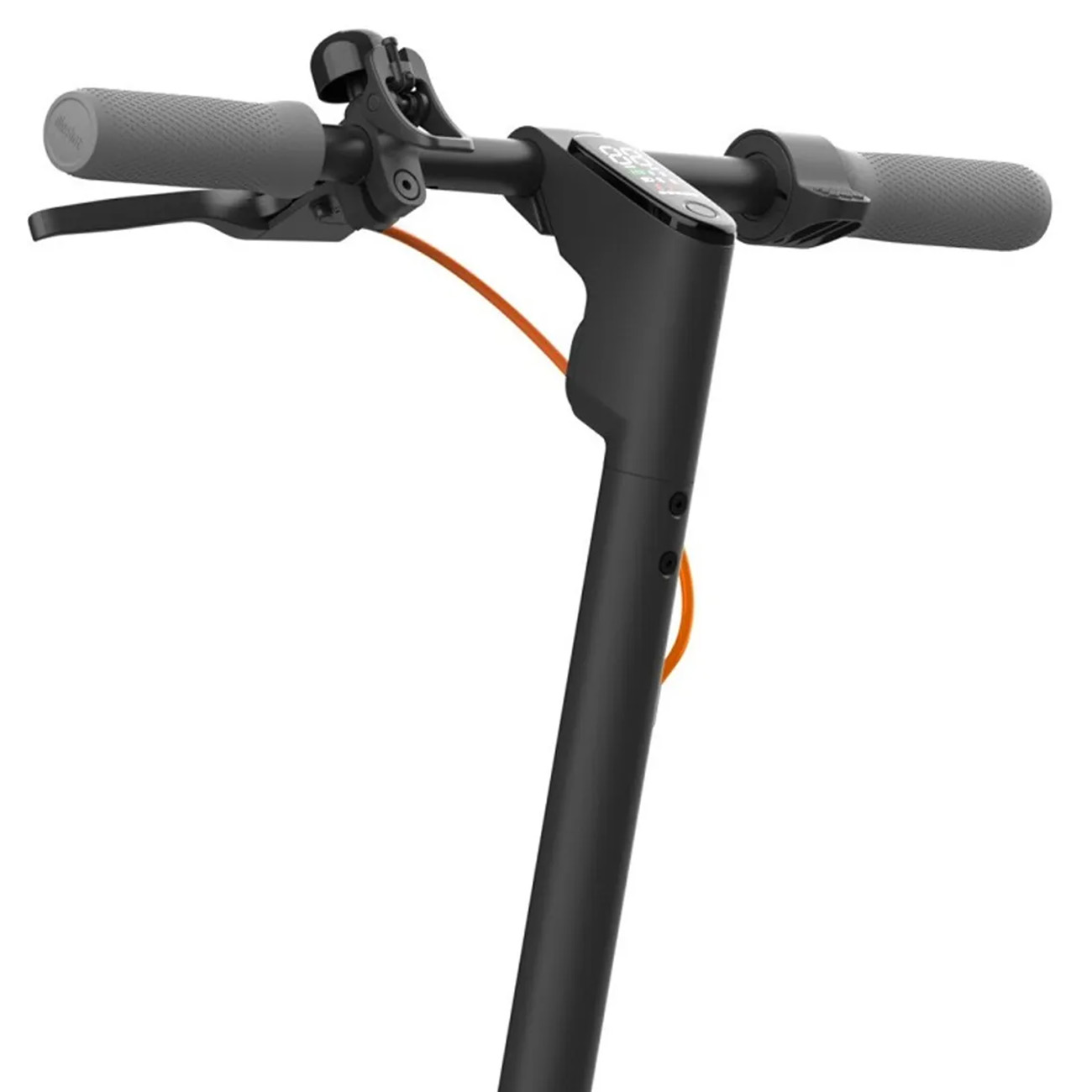 Ein schwarzer Rollerlenker mit grauem Griff, orangefarbenem Kabel und einer Glocke.