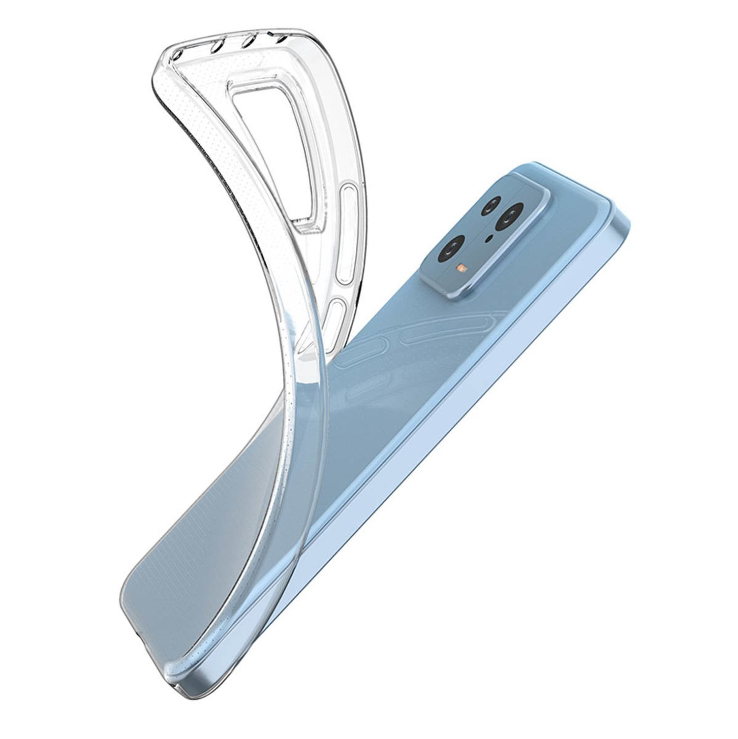 Eine transparente Handyhülle wird über einem blauen Telefon gehalten. Die Hülle ist flexibel.