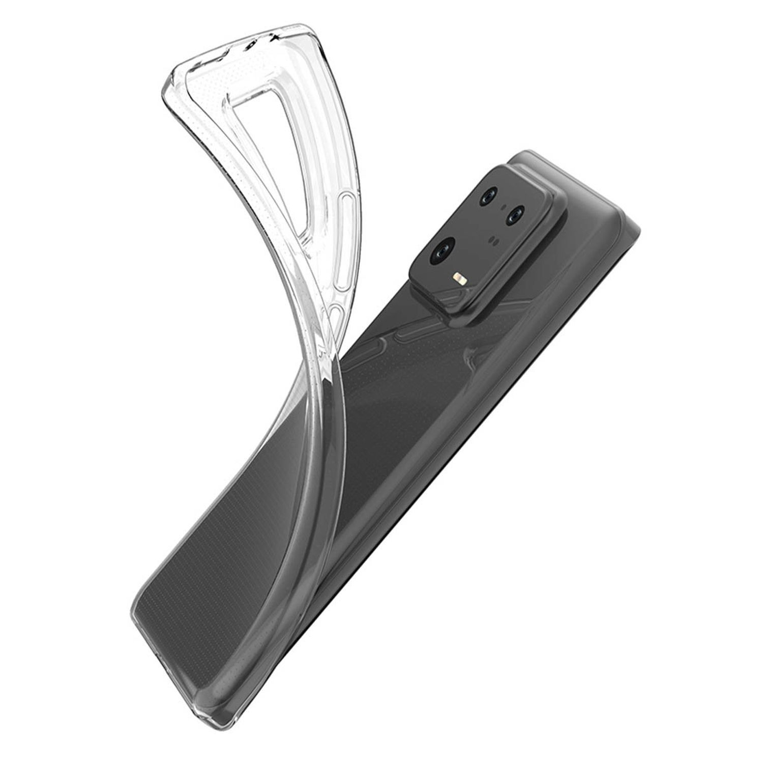 Eine transparente Handyhülle ist gebogen und zeigt ein Handy mit Kamera. Die Hülle ist transparent.