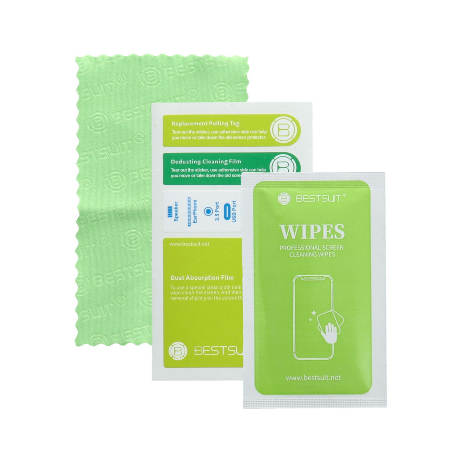 Ein grünes Reinigungstuch und eine Wischtuchpackung. Anweisungen zur Displayschutzfolienanwendung sind sichtbar.