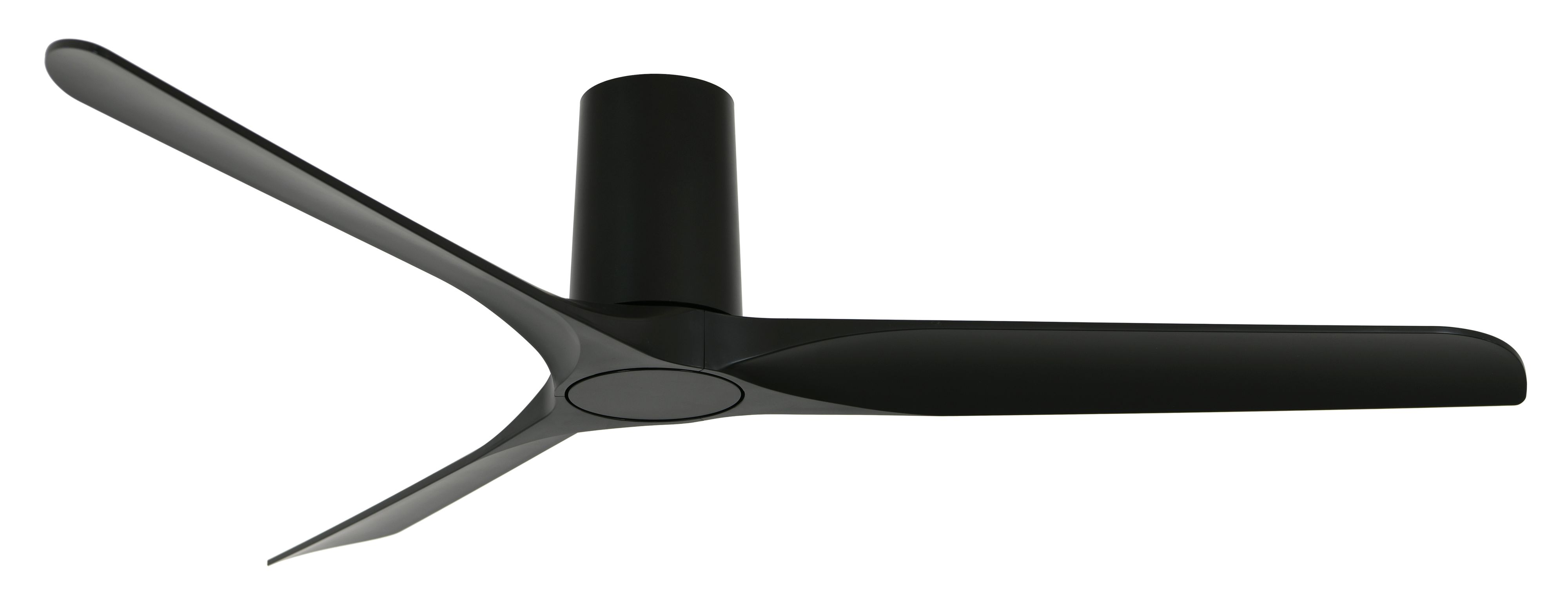 Ventilatore da soffitto nero con tre pale, attaccato a un alloggiamento motore nero. Sfondo bianco.