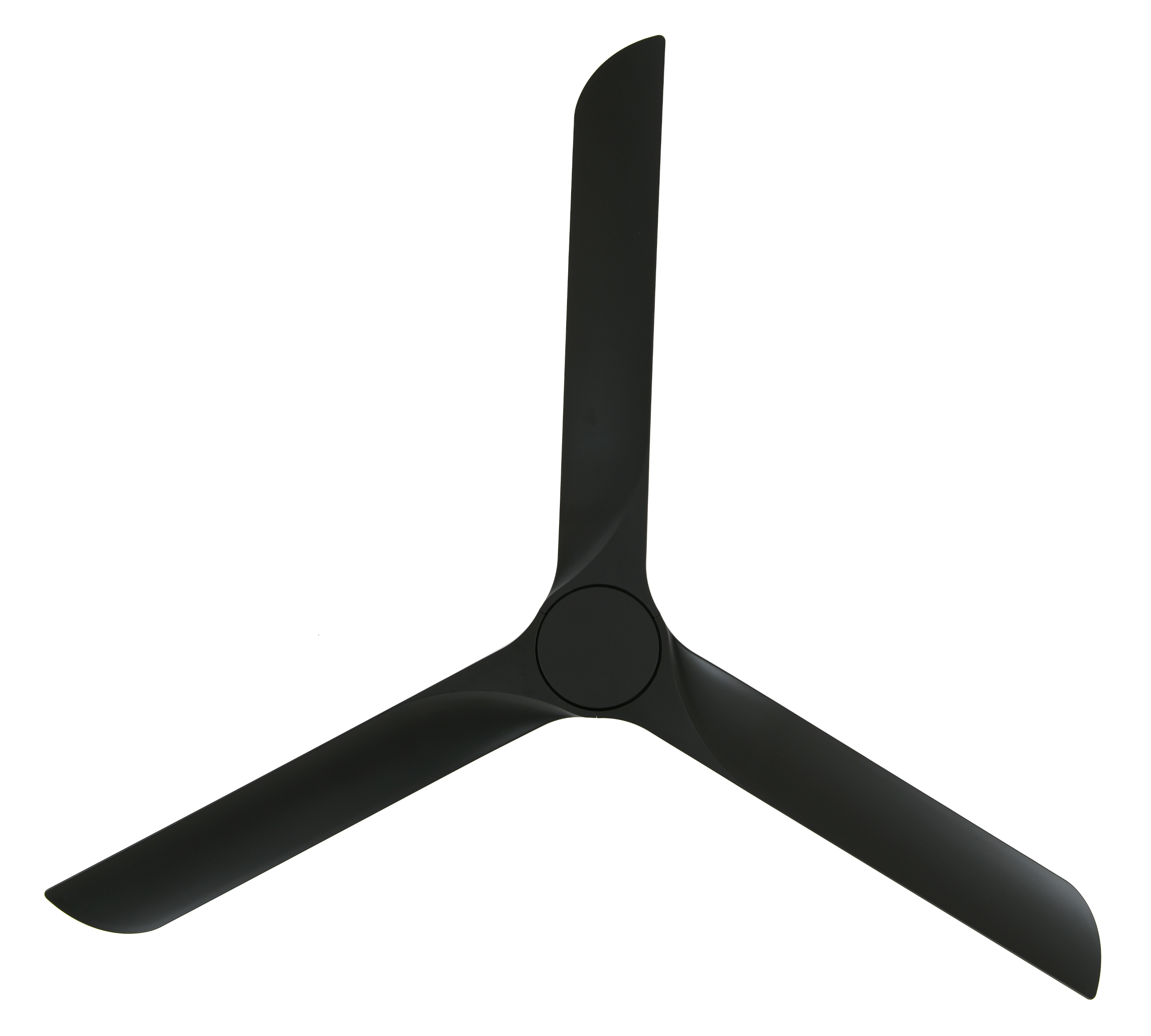 Ventilatore da soffitto nero a tre pale su sfondo bianco, design semplice e moderno.
