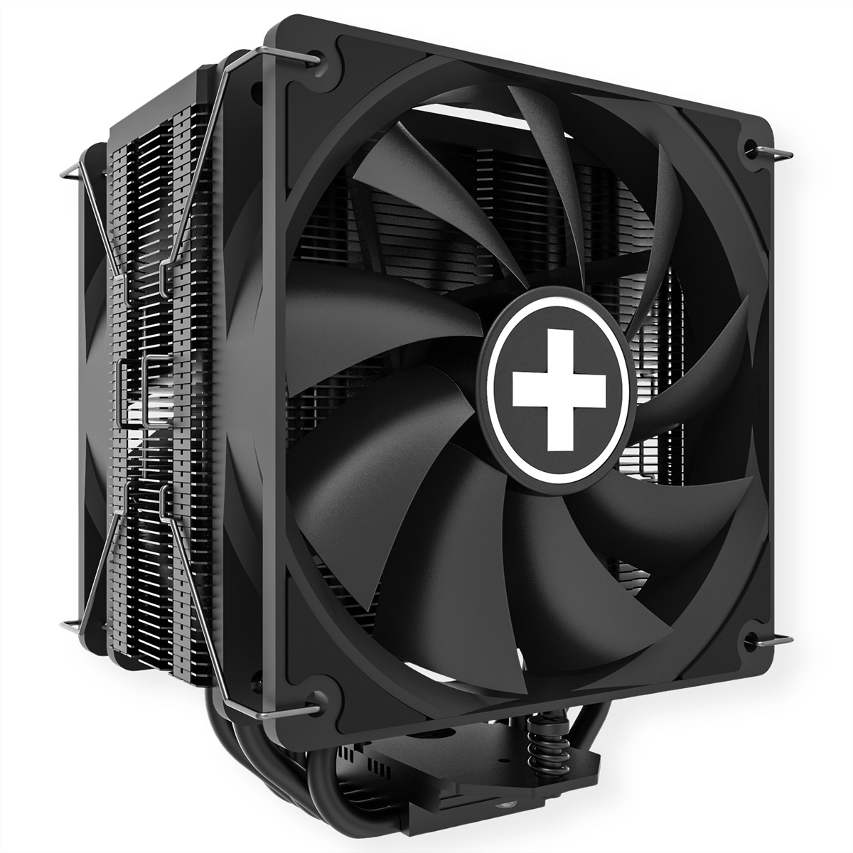 Czarny cooler CPU z wentylatorem i znakiem plus w środku, na białym tle.