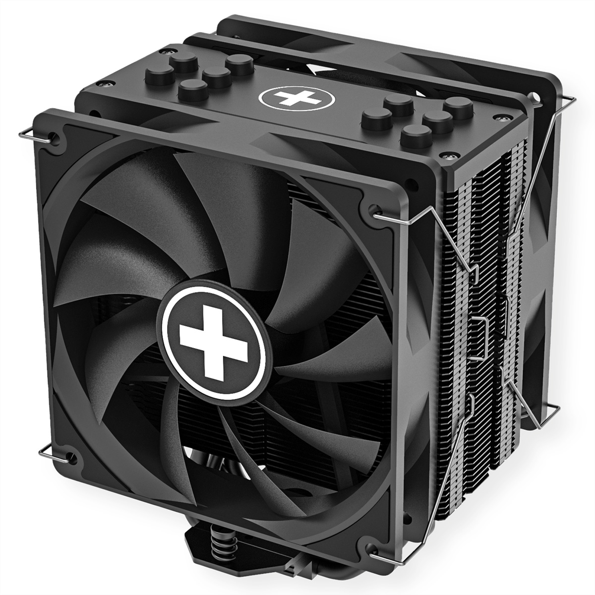 Czarny wentylator chłodnicy procesora z białym logo krzyża. Jest na białym tle.