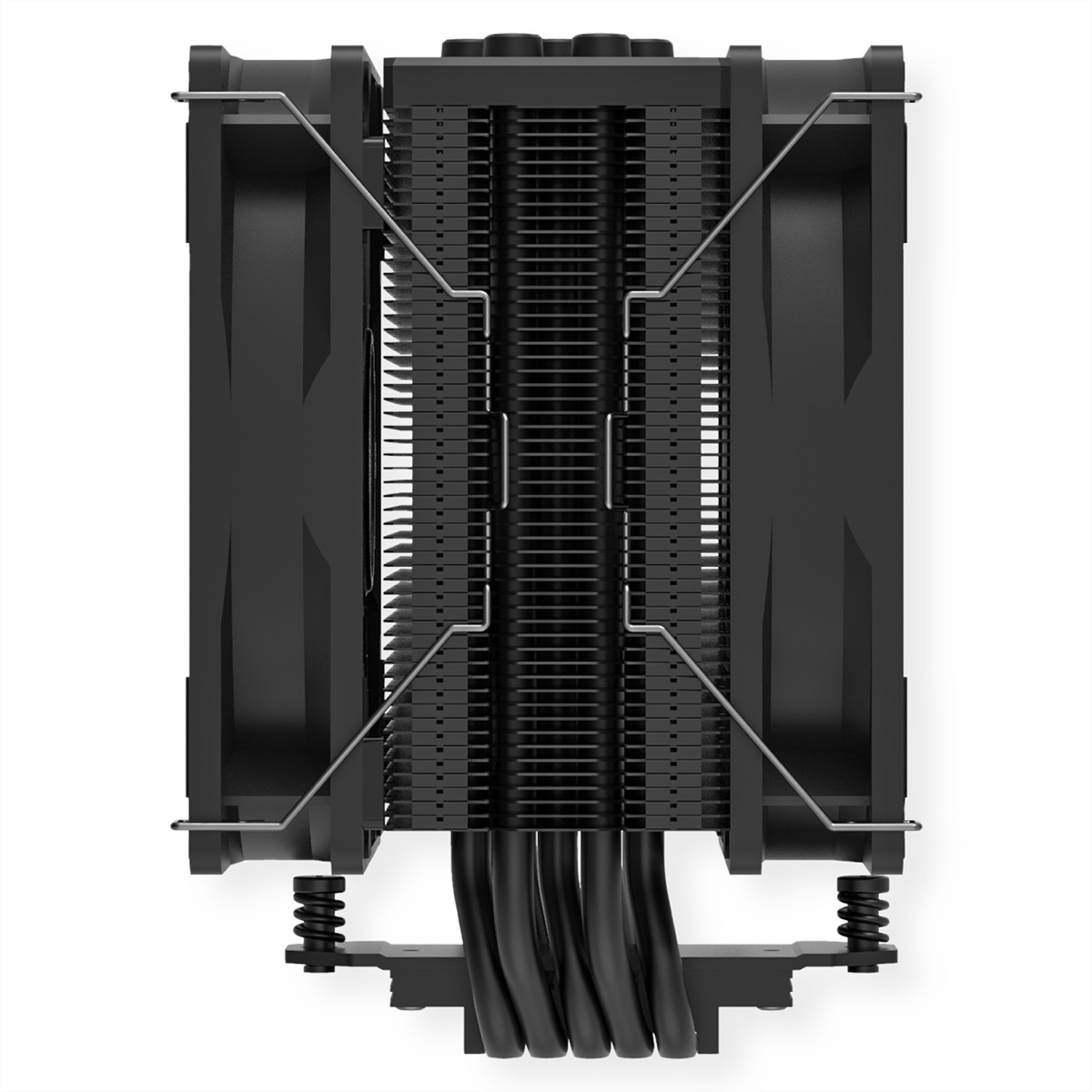 Czarny cooler CPU z dwoma wentylatorami i rurkami cieplnymi, na białym tle.