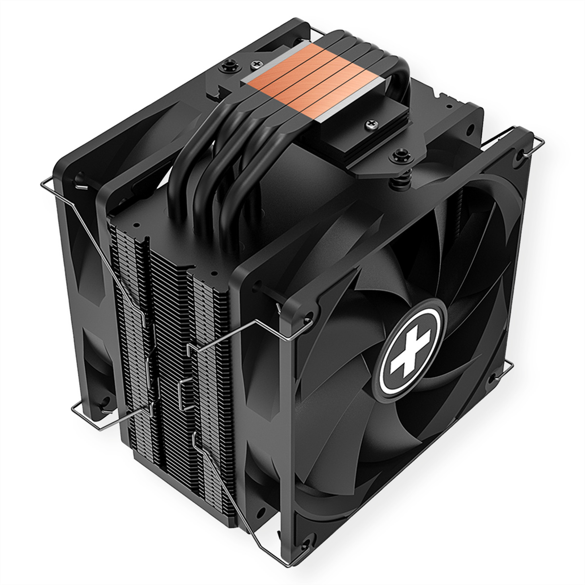 Czarny cooler CPU z miedzianymi rurkami cieplnymi i dwoma wentylatorami. Tło białe.