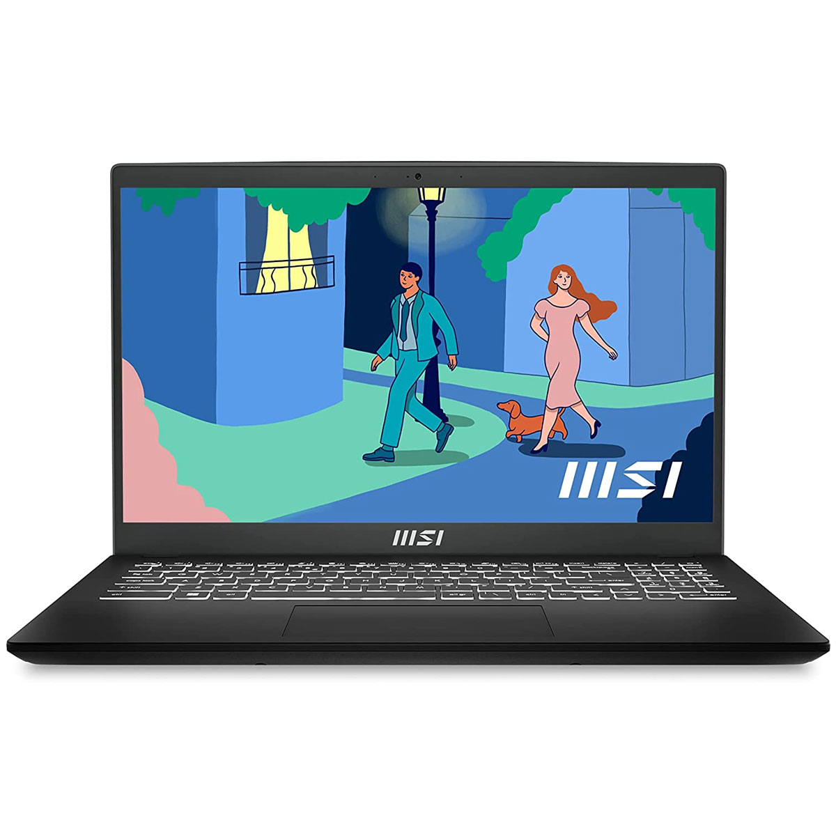 Ordenador portátil con una escena de la ciudad en la pantalla. Hombre y mujer caminando con un perro. Portátil negro.