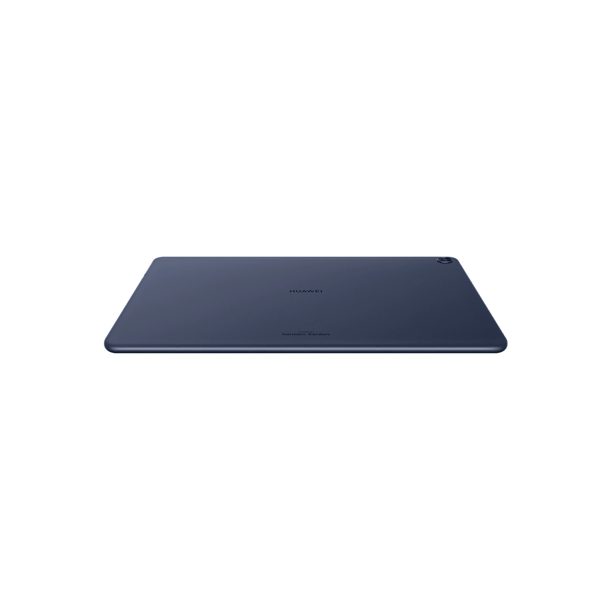 Ein dunkelblaues Tablet, flach auf einer weißen Oberfläche. Die HUAWEI und Harman Kardon Logos sind sichtbar.