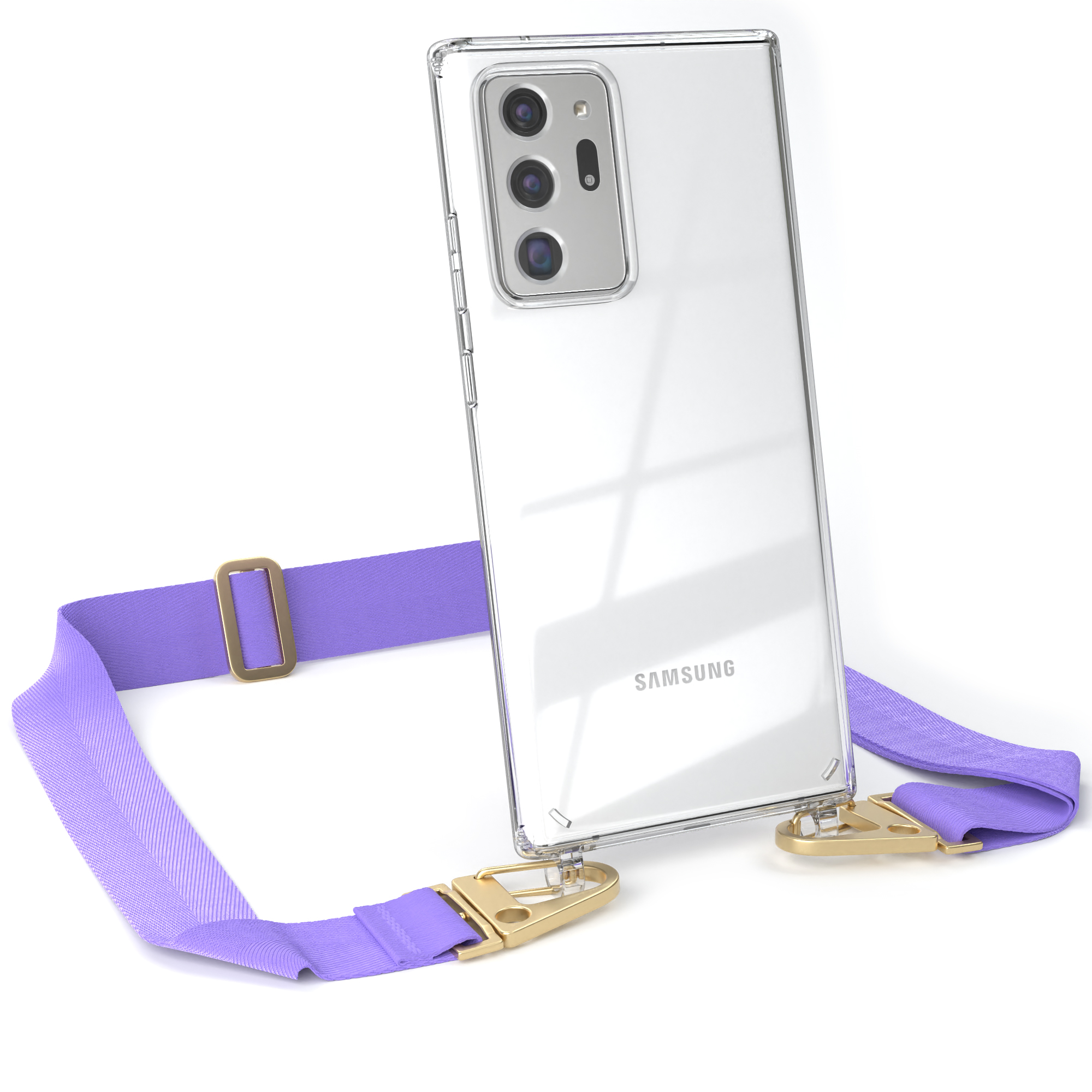 Transparente Handyhülle mit lila Riemen und goldfarbenen Riemenbefestigungen, Samsung Logo sichtbar.