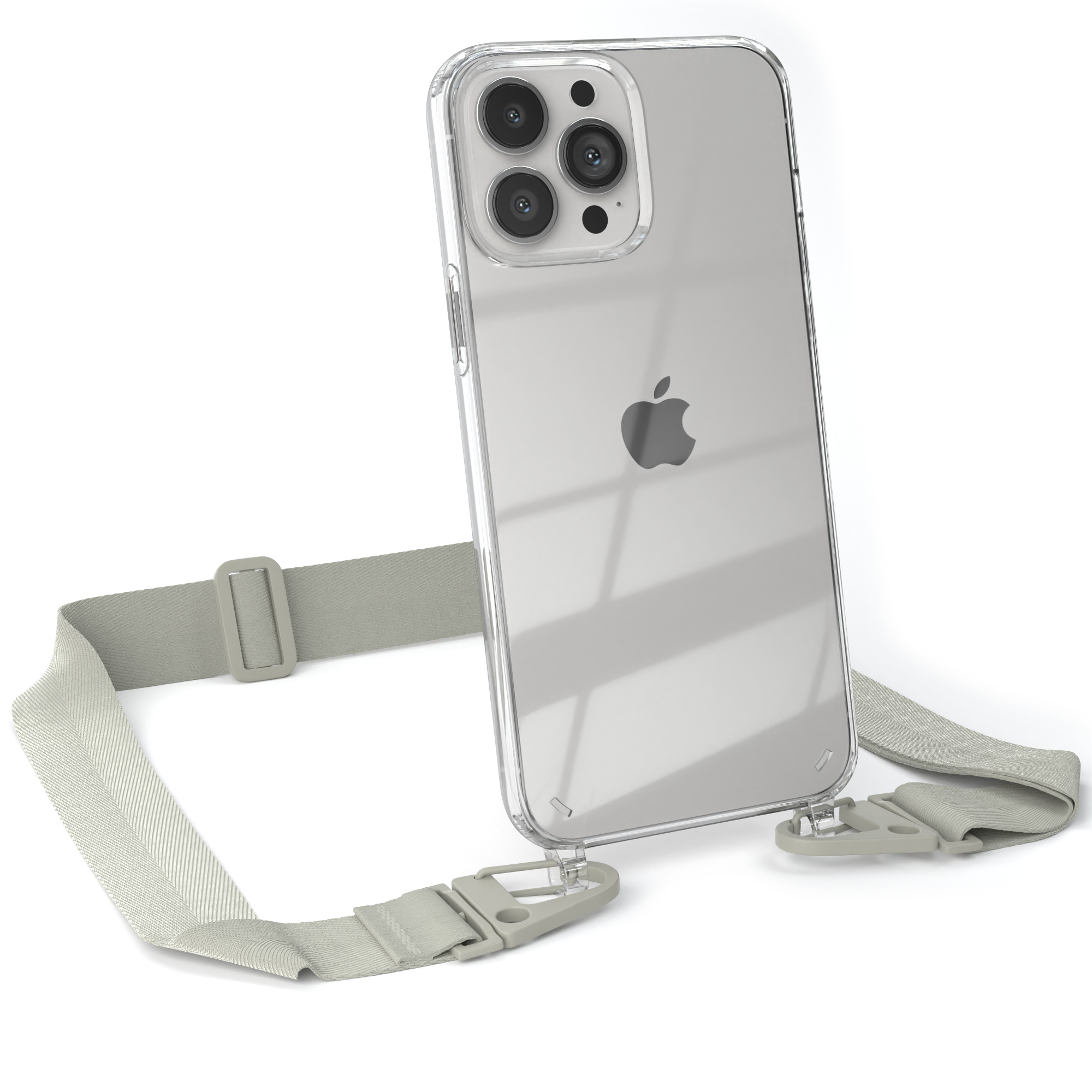 Beige / Max, Handyhülle Taupe Grau mit Pro Transparente iPhone CASE 13 EAZY Karabiner, breiter + Apple, Kordel Umhängetasche,