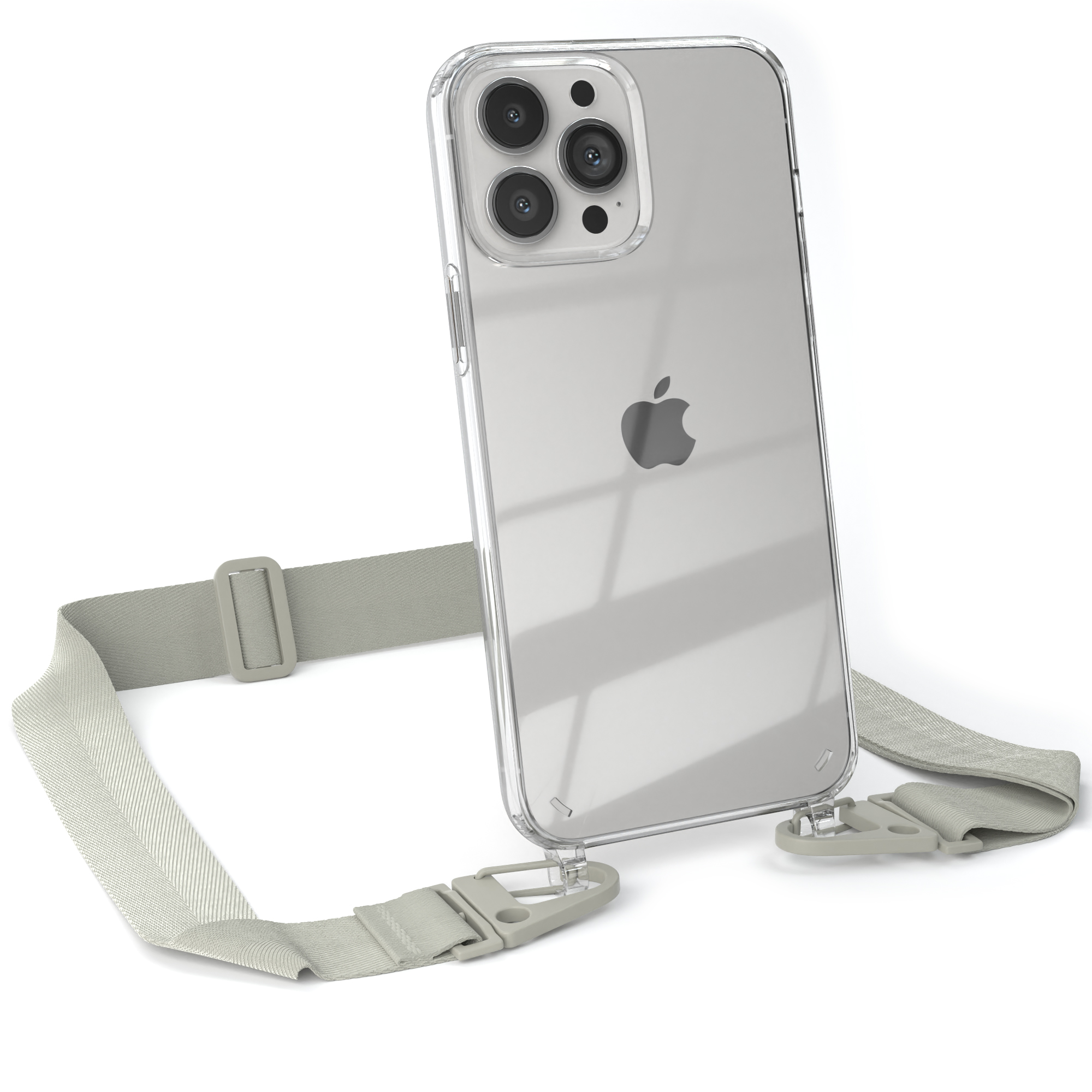 Transparente iPhone-Hülle mit grauem Riemen. Das Telefon hat ein schwarzes Apple-Logo und drei Kameras.