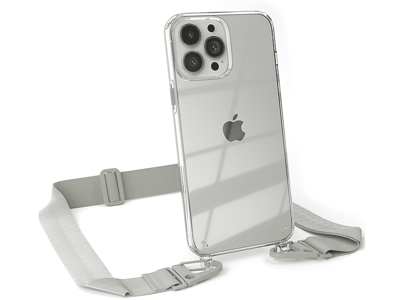 EAZY CASE Transparente Handyhülle mit breiter Apple, 13 Karabiner, Umhängetasche, Beige Pro + Kordel iPhone Grau Taupe / Max