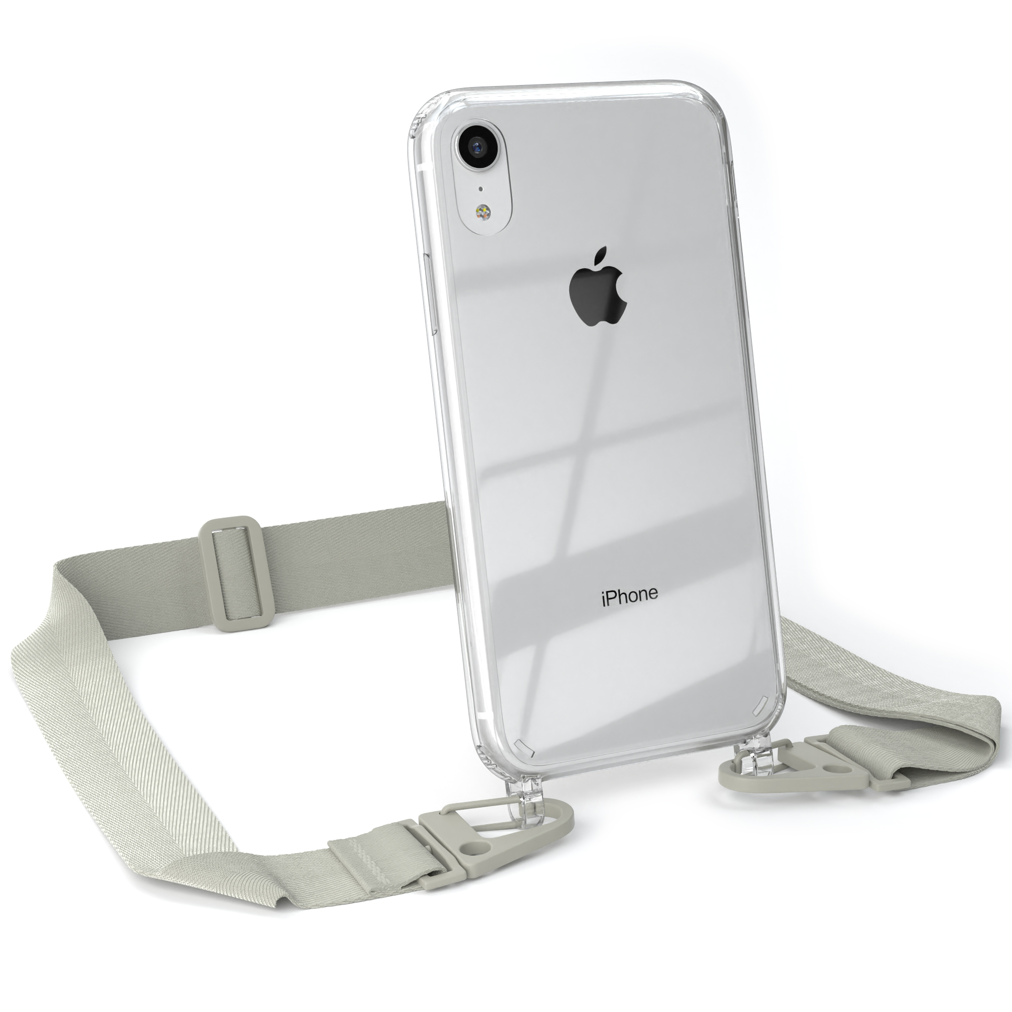 Transparente Handyhülle mit grauem Riemen. Ein Apple iPhone ist sichtbar, mit einer Kamera.