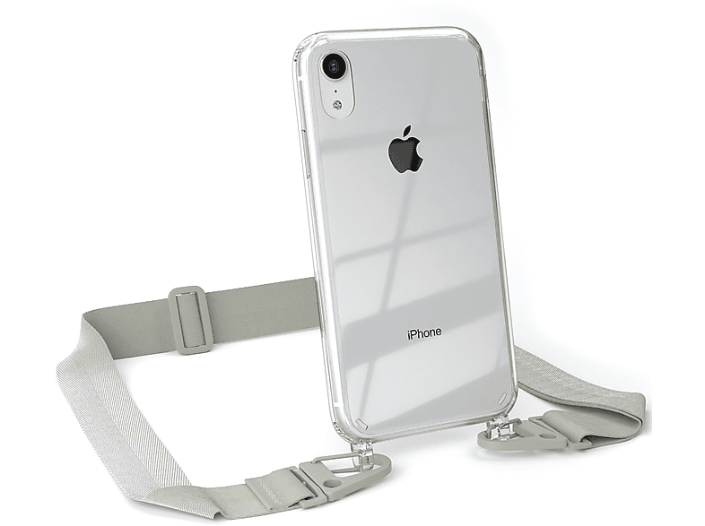 EAZY CASE Transparente Handyhülle mit breiter Kordel + Karabiner, Umhängetasche, Apple, iPhone XR, Beige Grau / Taupe
