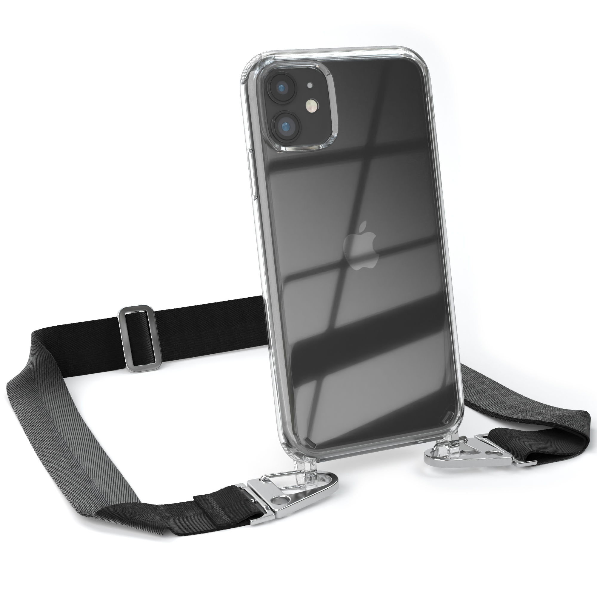 Klare Handyhülle mit schwarzem Riemen, mit Metallclips, die ein Telefon halten.