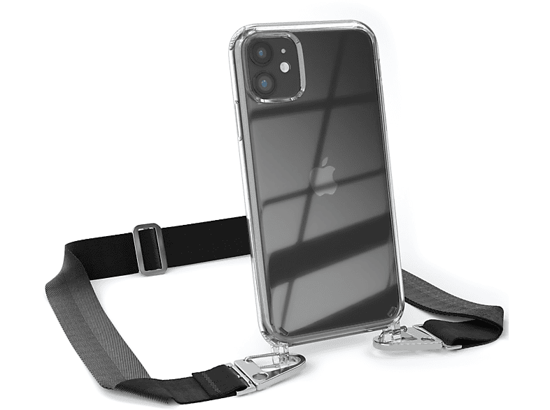 11, Karabiner, breiter Umhängetasche, Kordel / EAZY iPhone Apple, Silber + CASE mit Transparente Schwarz Handyhülle