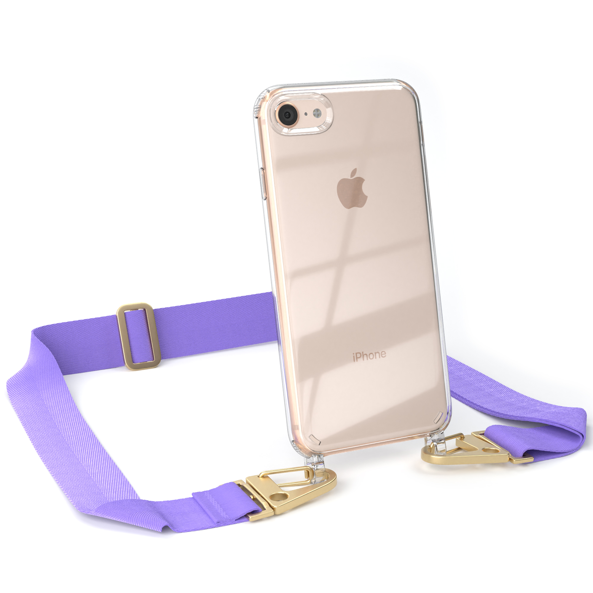 iPhone in klarer Hülle mit lila Riemen und Golddetails.