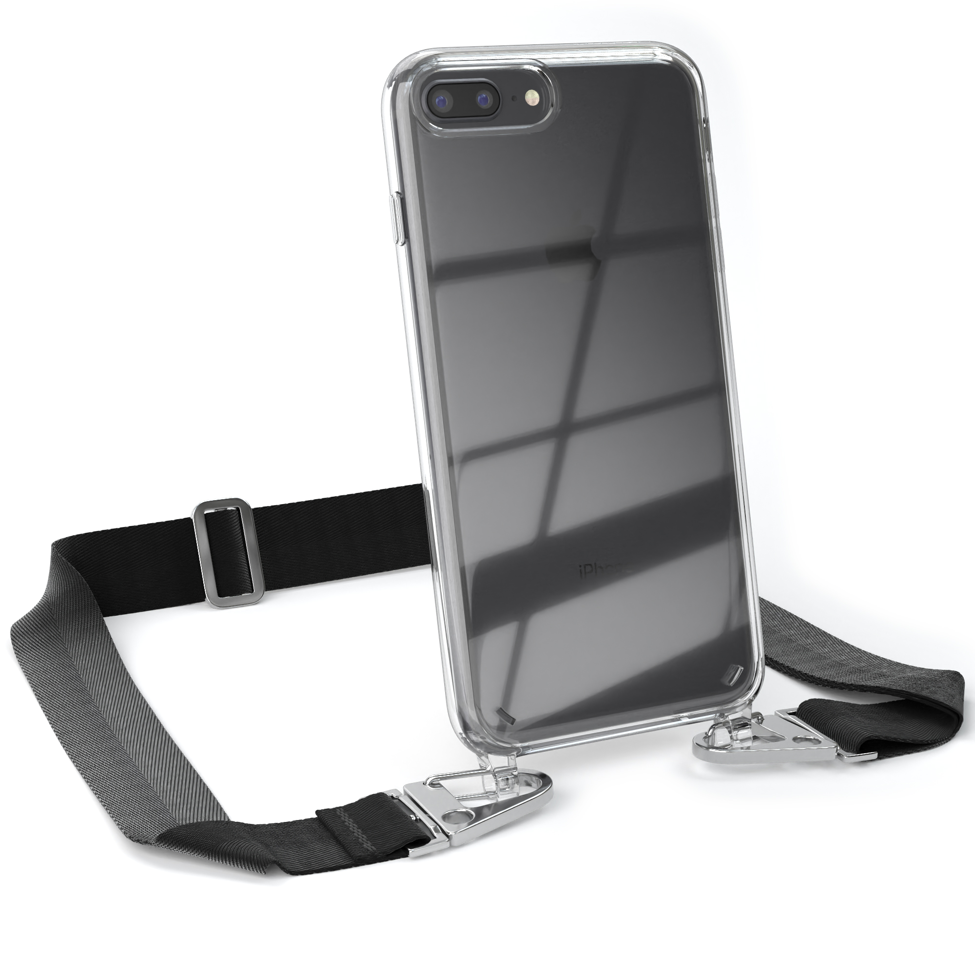 Transparente Handyhülle mit Telefon und schwarzem Riemen. Schwarzer Riemen mit silberner Hardware.