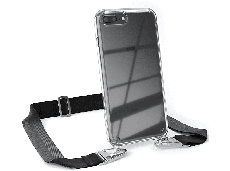 EAZY CASE Transparente Handyhülle mit breiter Kordel + Karabiner, Umhängetasche, Apple, iPhone 8 Plus / 7 Plus, Schwarz / Silber