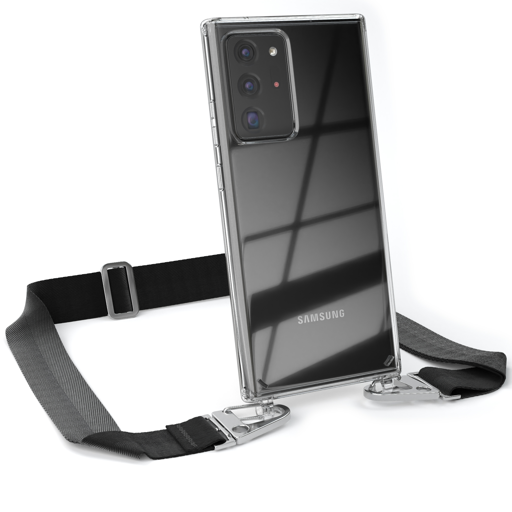 Telefon in durchsichtiger Hülle mit schwarzem Riemen. Weißer Hintergrund.