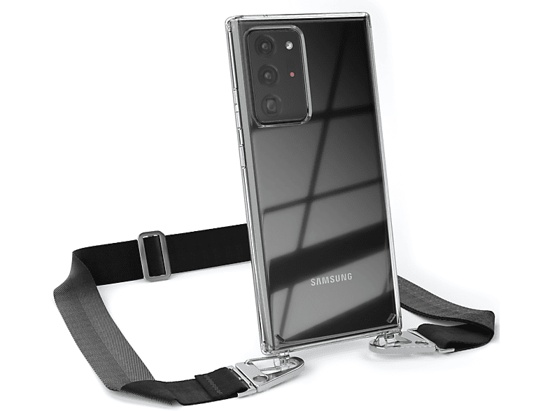 EAZY CASE Transparente Handyhülle mit breiter Kordel + Karabiner, Umhängetasche, Samsung, Galaxy Note 20 Ultra / Note 20 Ultra 5G, Schwarz / Silber