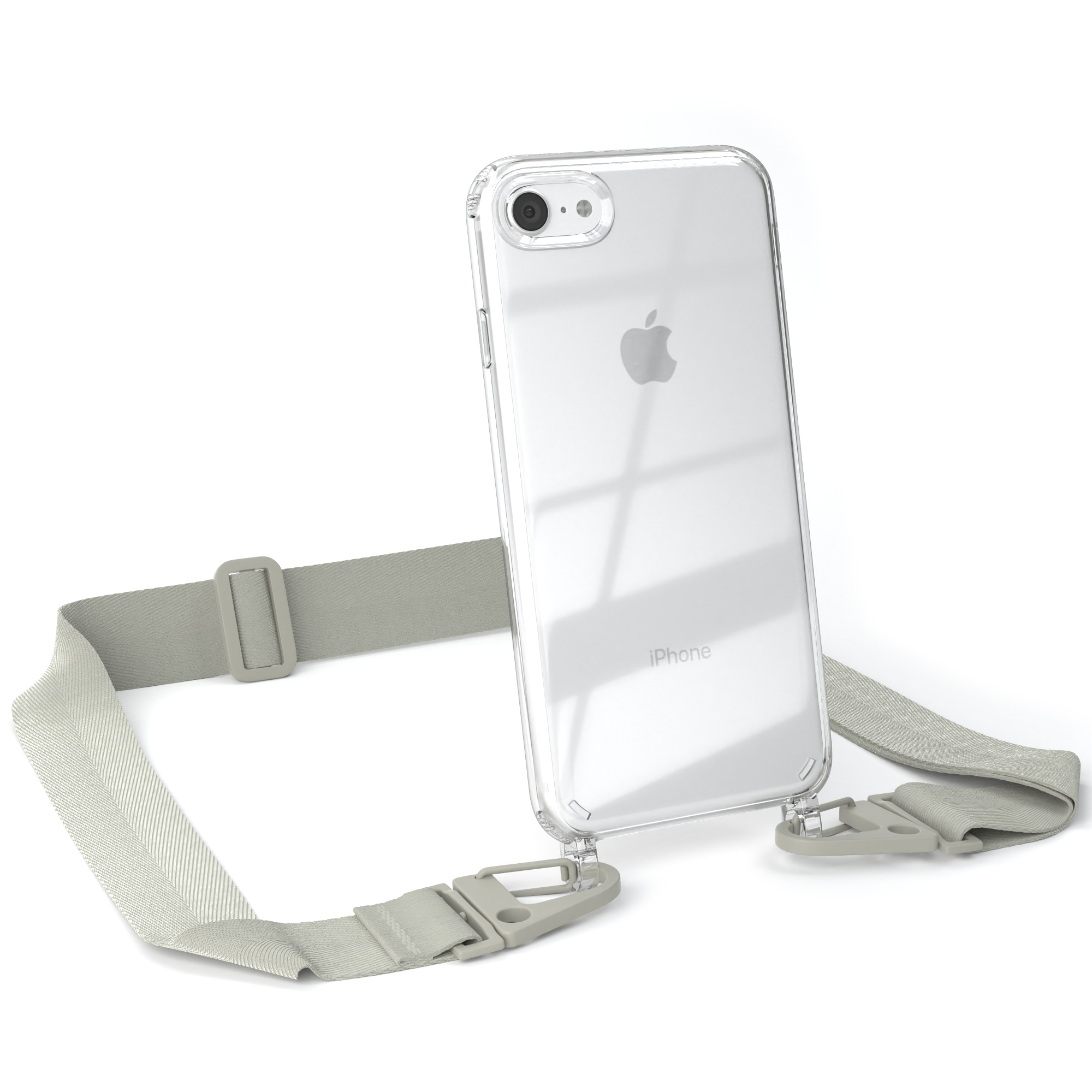 Eine transparente iPhone-Hülle mit einem grauen Riemen. Die Hülle hat ein Apple-Logo auf der Rückseite.