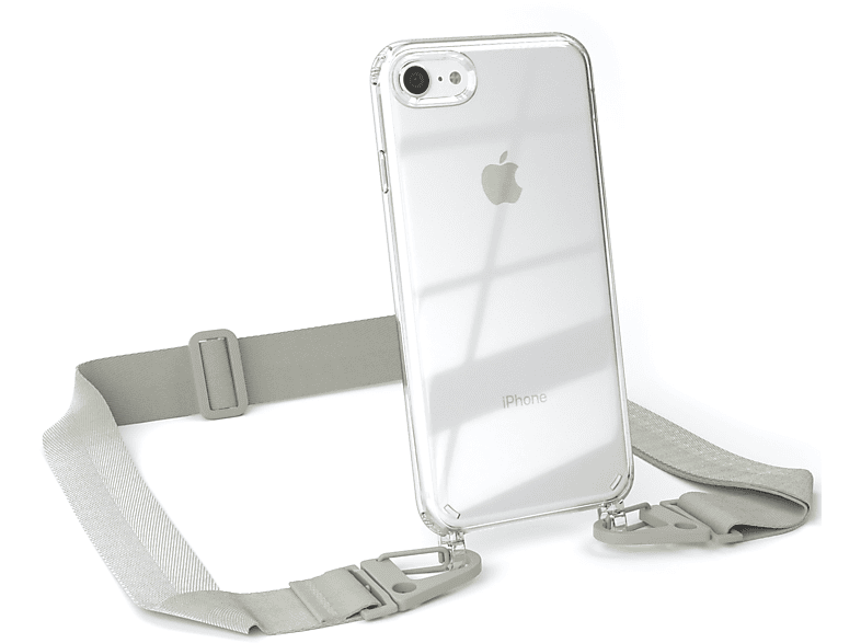 EAZY CASE Transparente Handyhülle mit breiter Kordel + Karabiner, Umhängetasche, Apple, iPhone SE 2022 / SE 2020, iPhone 7 / 8, Beige Grau / Taupe