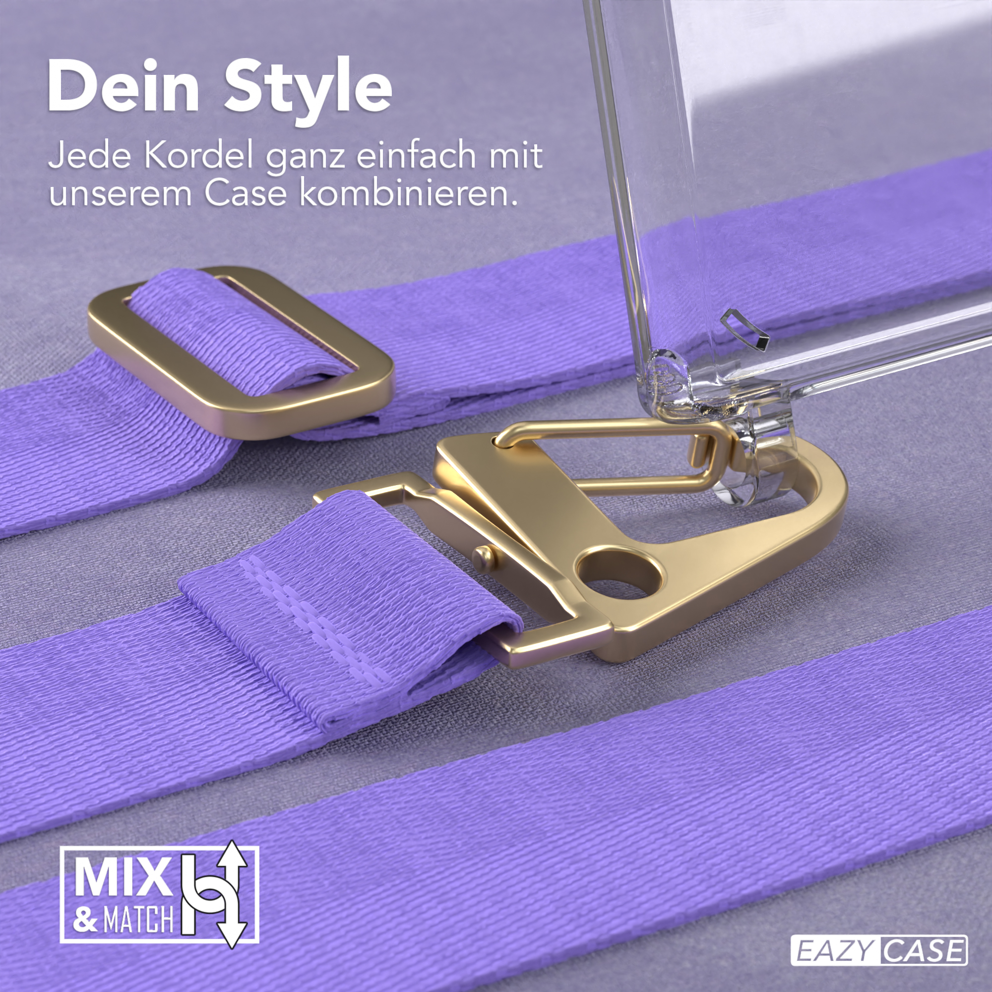 Nahaufnahme eines lila Handybandes mit goldfarbener Hardware. Das Band ist mit einer transparenten Handyhülle verbunden.