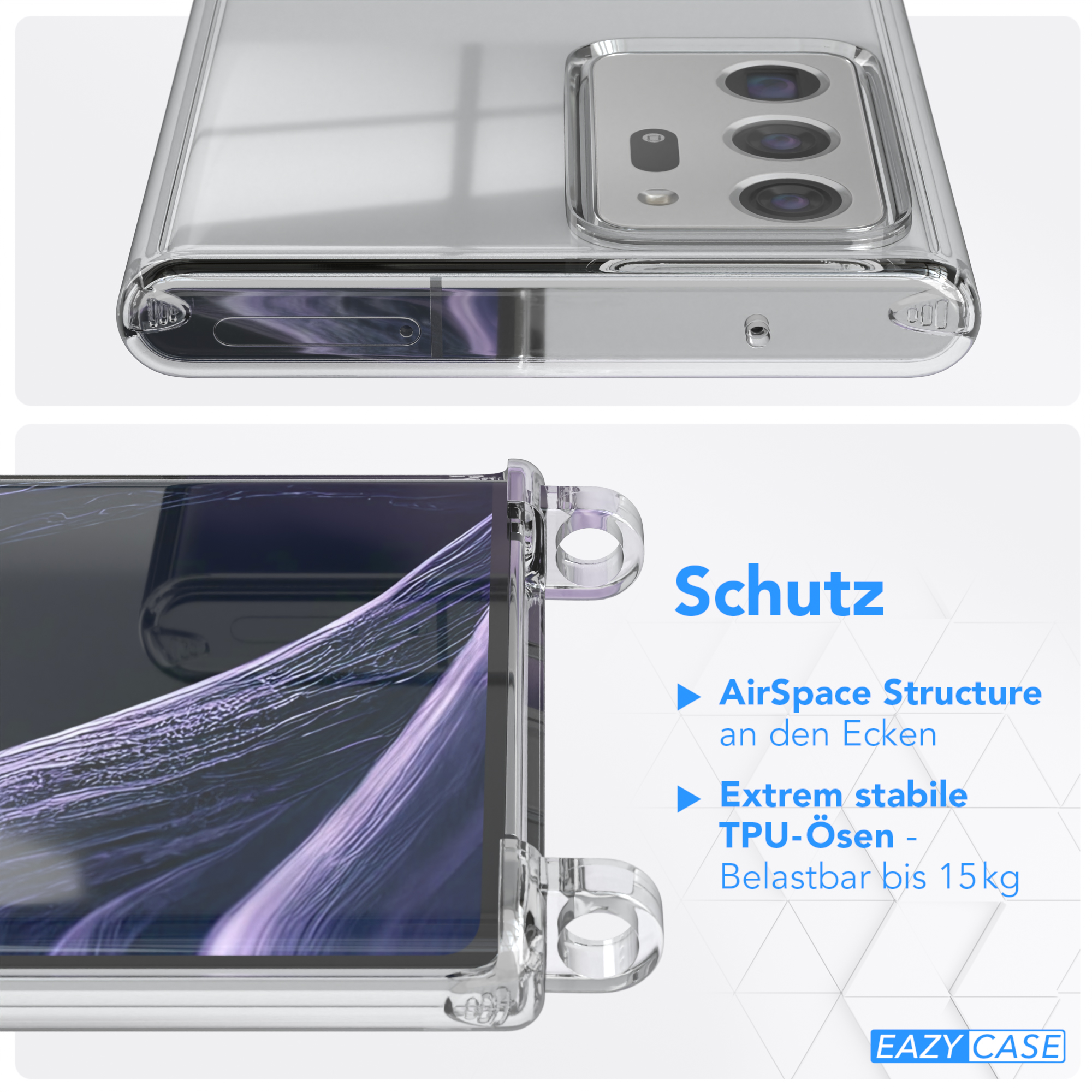 Transparente Handyhülle mit Eckenschutz und Riemendetail.