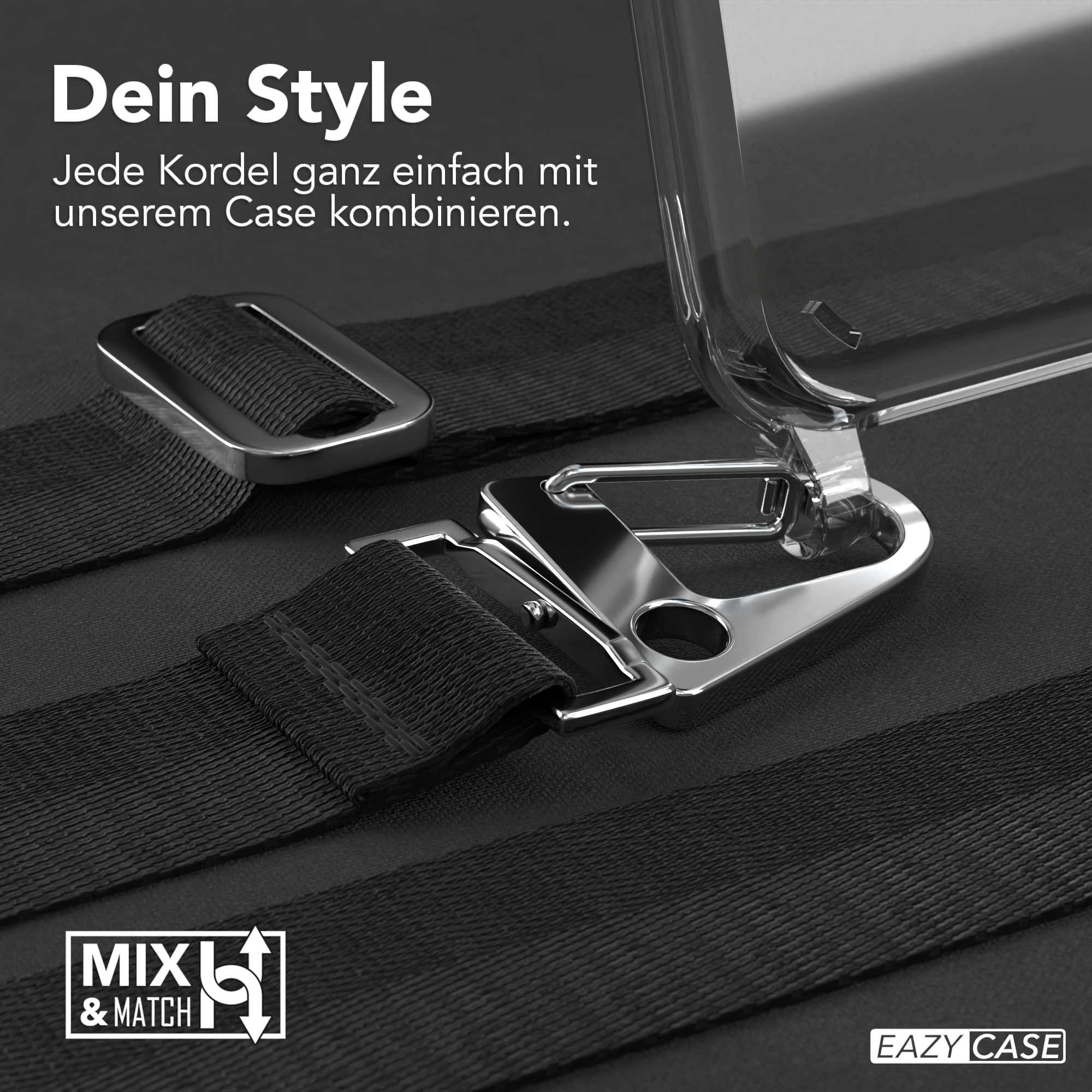 Nahaufnahme einer Handyhülle mit schwarzem Gurt und silberfarbener Hardware. Das Logo lautet MXL & MATCH.
