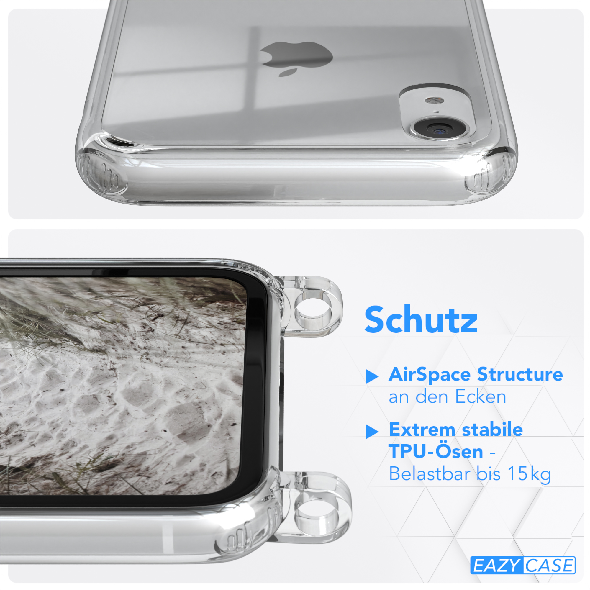 iPhone Transparente Karabiner, Taupe Grau Kordel / breiter CASE EAZY Umhängetasche, Apple, Beige mit XR, Handyhülle +