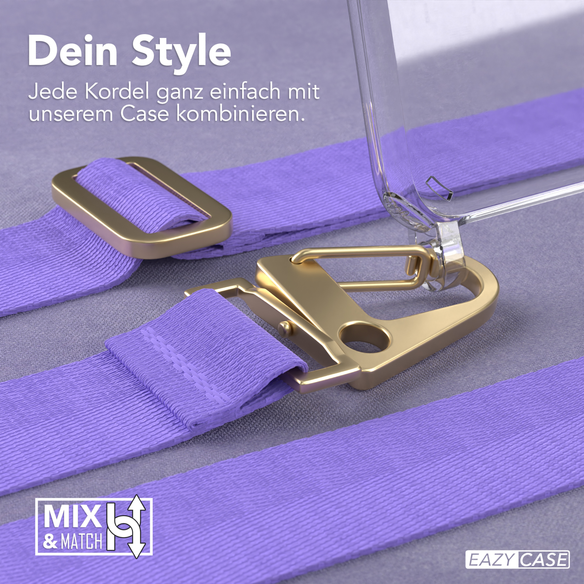 Eine Handyhülle mit lila Träger und goldenen Akzenten wird gezeigt. Die Hülle ist transparent.