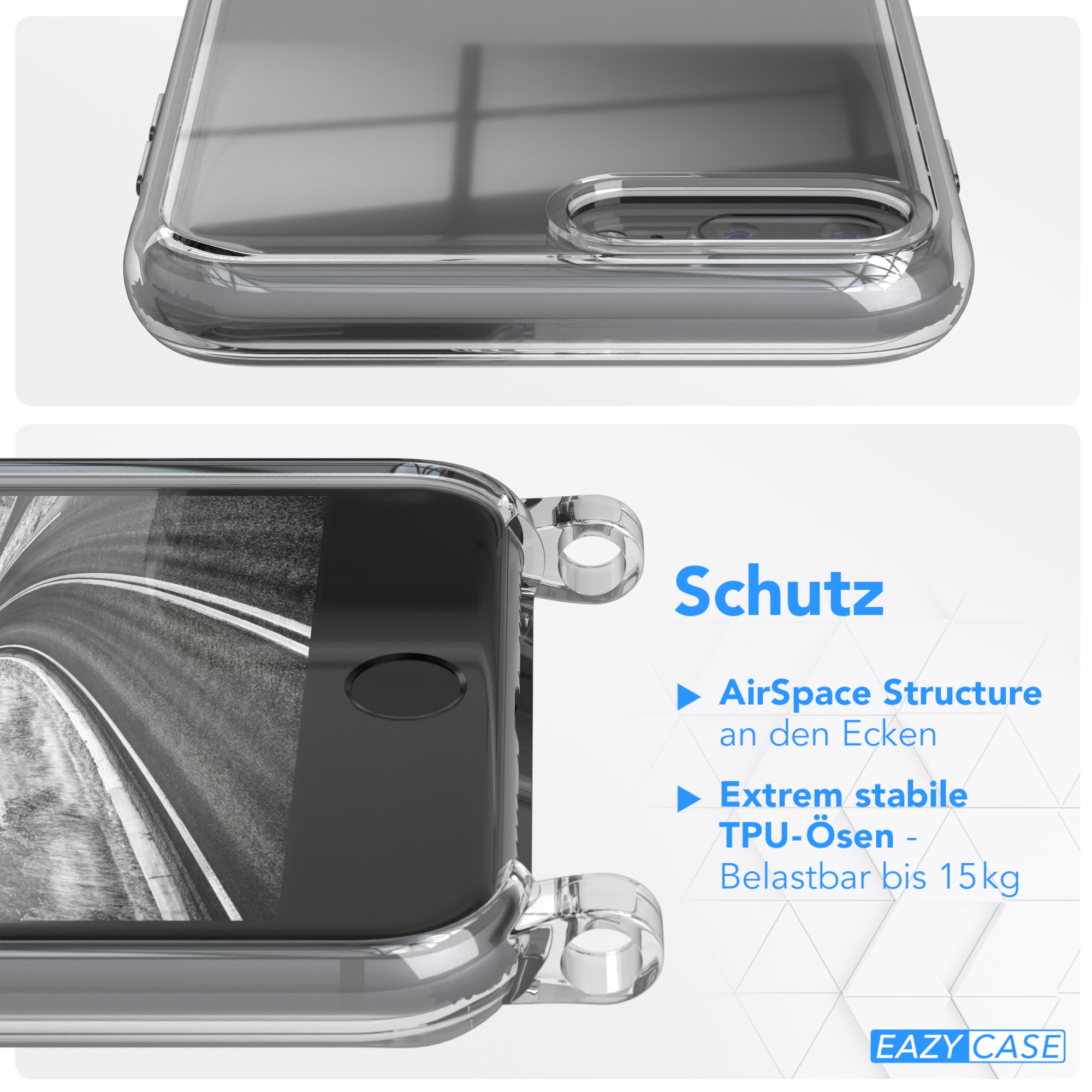 Eine transparente Handyhülle mit Text über Schutz und Funktionen wie AirSpace Structure und TPU.