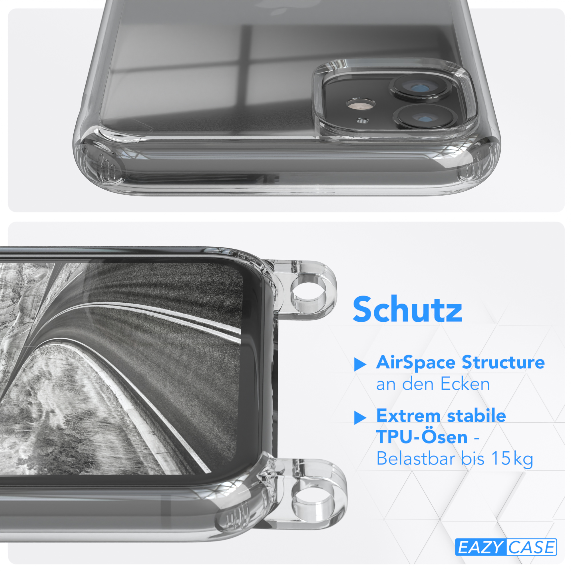 Transparente Handyhülle mit Text über Schutz und Eigenschaften.