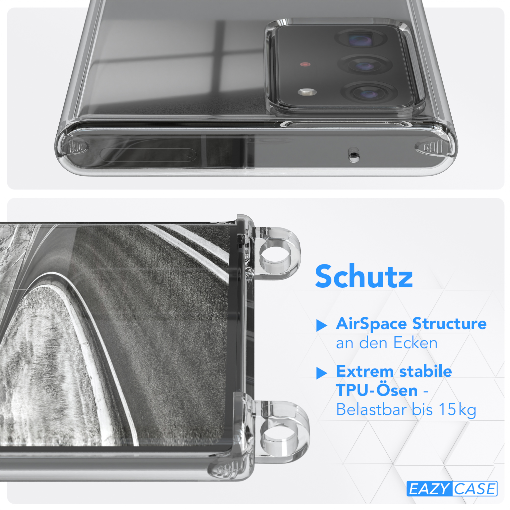 Eine transparente Handyhülle mit verstärkten Ecken und Text. Zeigt eine Straßenansicht.