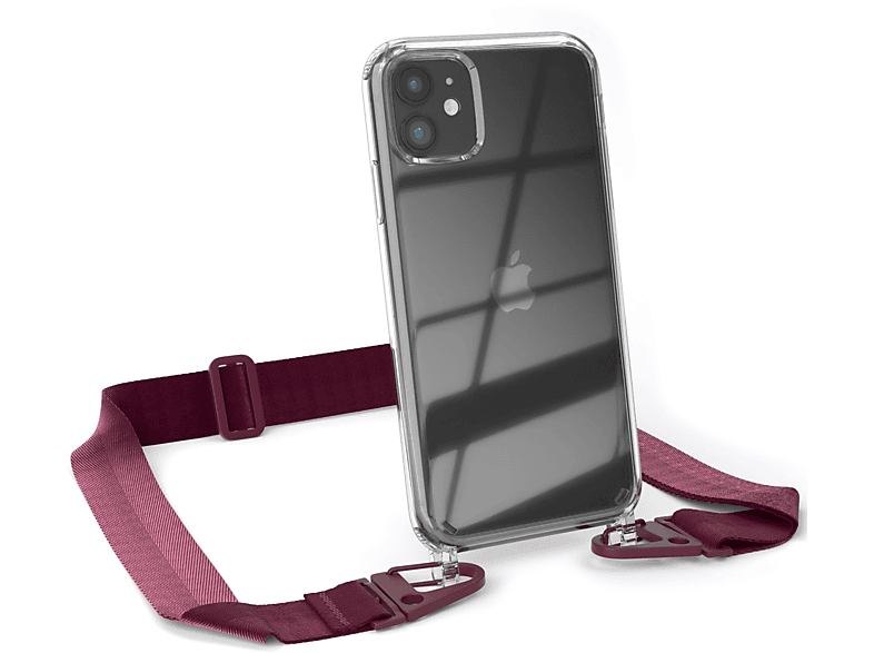 EAZY CASE Transparente Handyhülle mit breiter Kordel + Karabiner, Umhängetasche, Apple, iPhone 11, Rot Beere / Burgundy