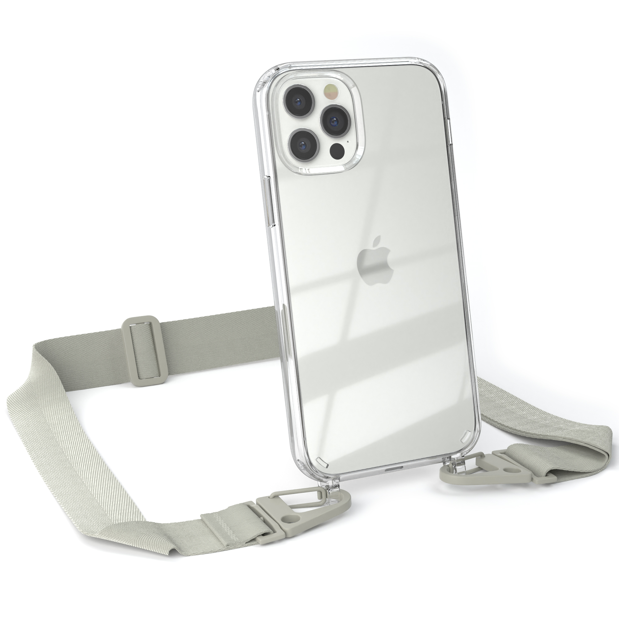 Transparente Handyhülle mit Telefon und grauem Gurt. Das Telefon ist transparent, der Gurt grau mit grauer Schnalle.