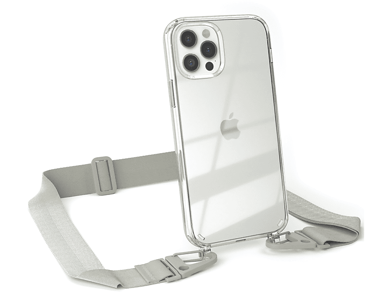 EAZY CASE Transparente Handyhülle mit breiter Kordel + Karabiner, Umhängetasche, Apple, iPhone 12 / 12 Pro, Beige Grau / Taupe