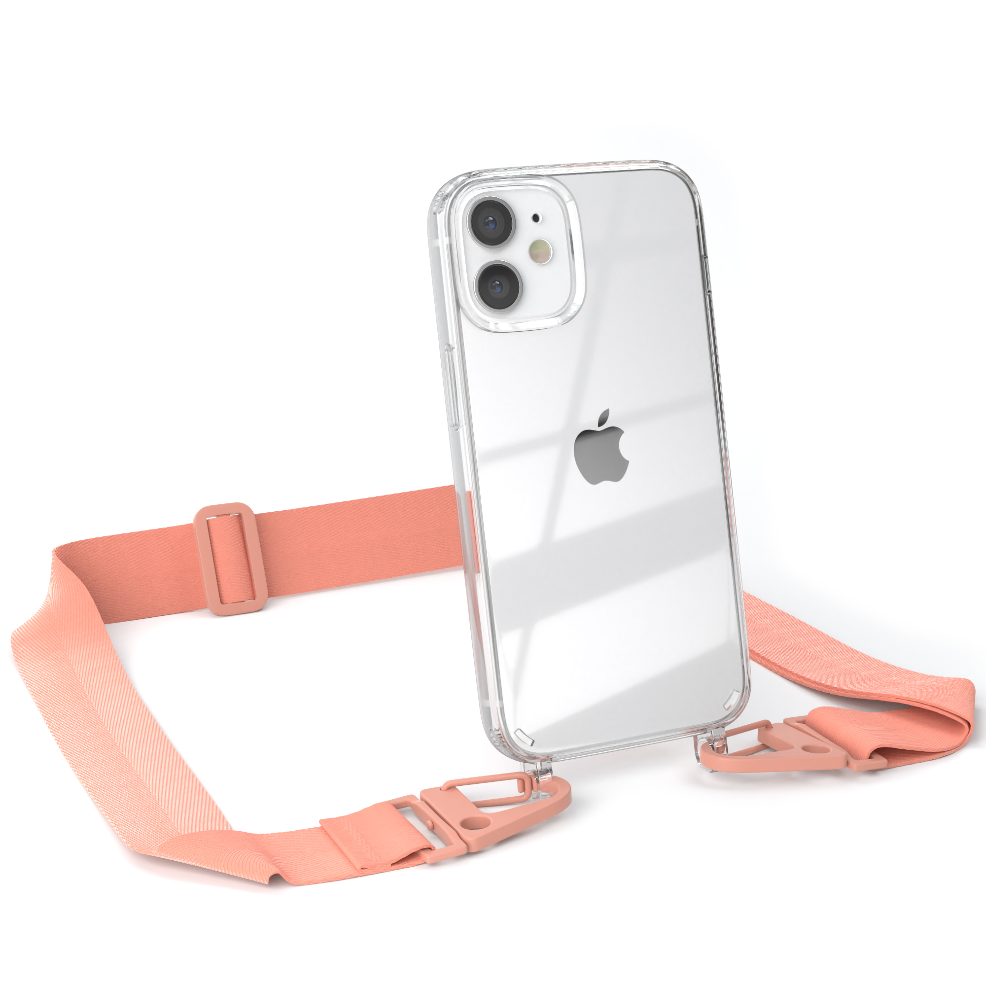 Transparente Handyhülle mit pinkfarbenem Gurt und iPhone auf weißem Grund.
