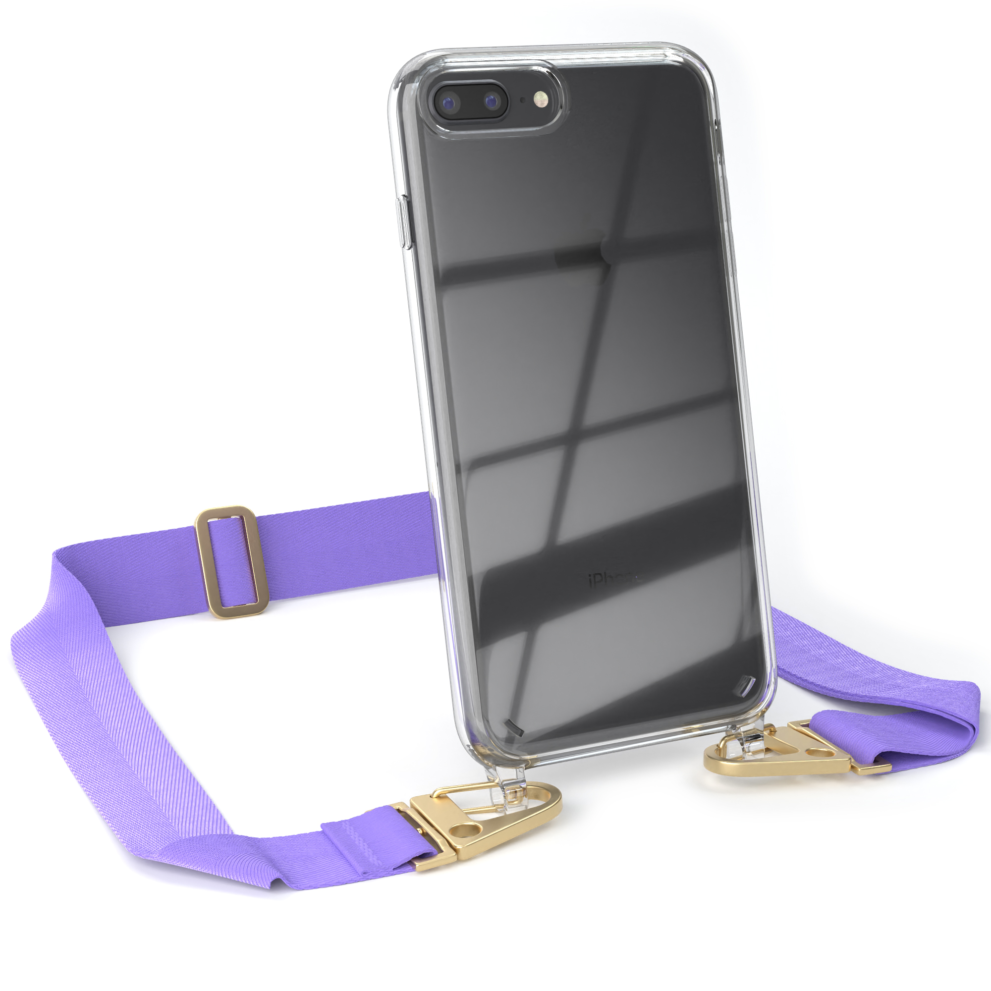 Transparente Handyhülle mit lila Riemen und goldenen Verschlüssen, hält ein Telefon, auf weißem Hintergrund.