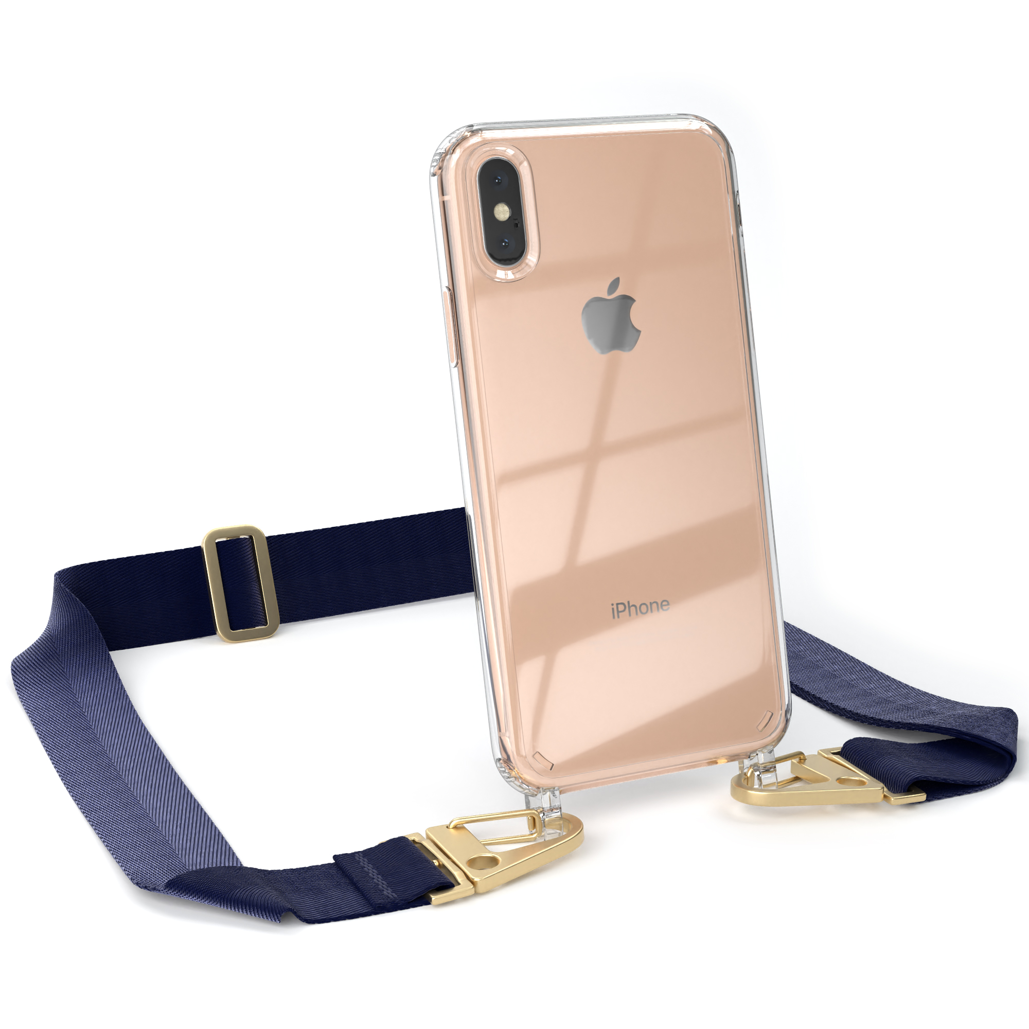 EAZY CASE Transparente Handyhülle / Apple, Karabiner, Umhängetasche, + breiter Dunkel Kordel mit XS iPhone Gold Max, Blau