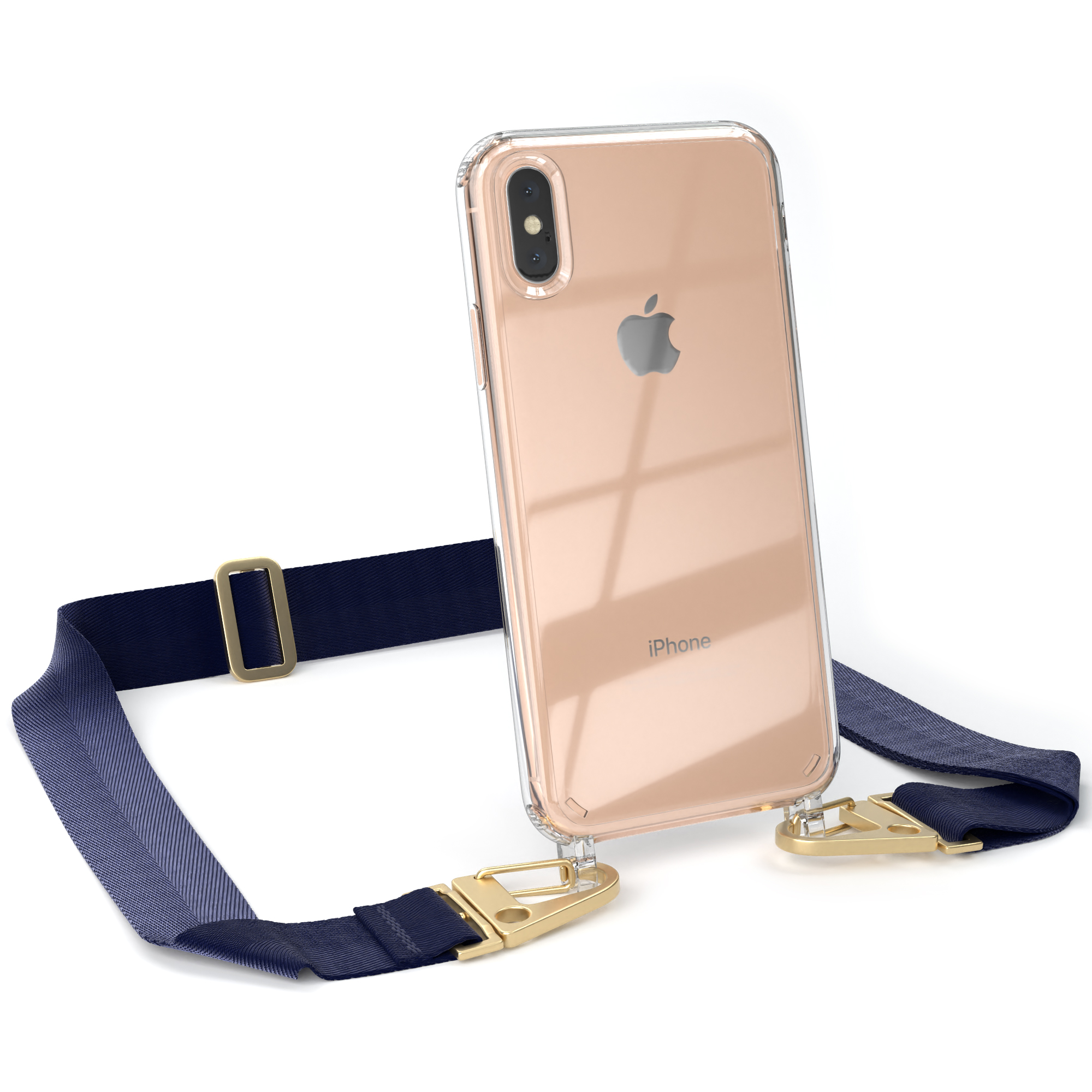 Eine transparente Handyhülle auf einem iPhone, mit blauem Riemen. Die Handyhülle hat goldfarbene Hardware.