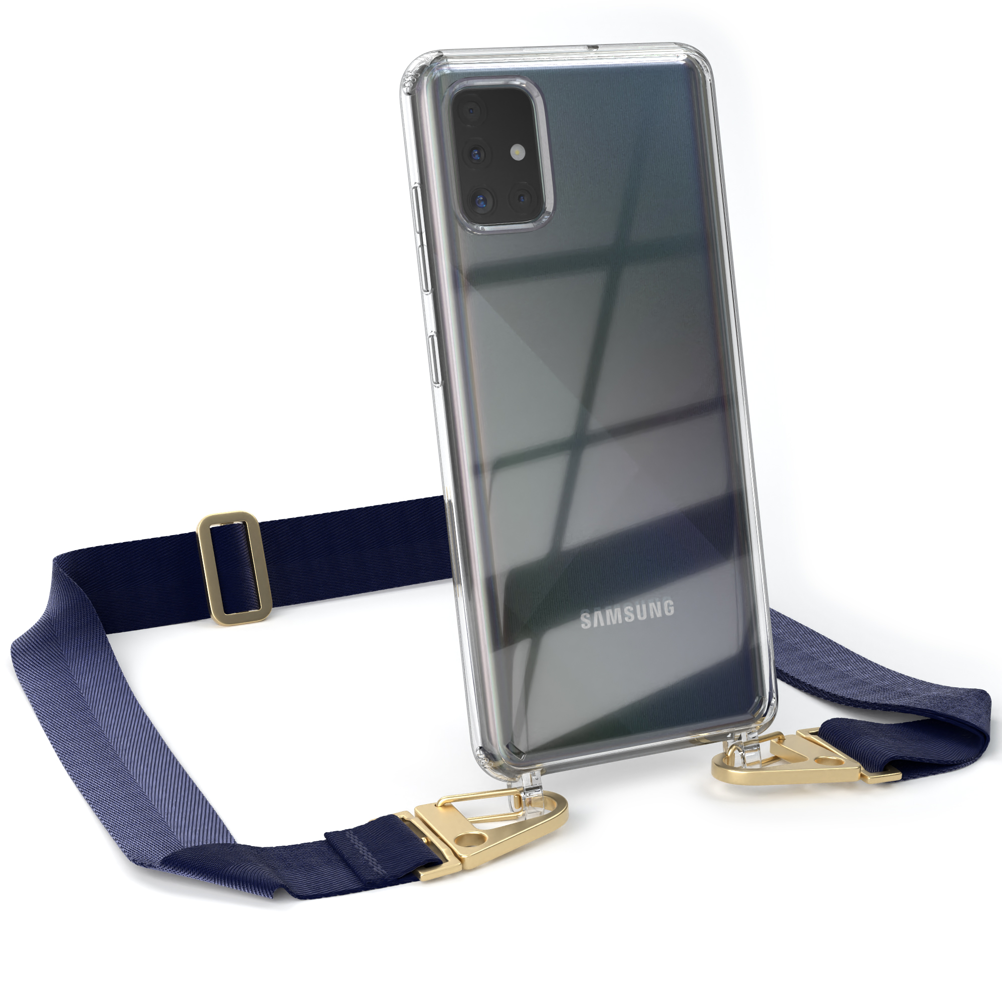 Transparente Handyhülle mit marineblauem Riemen und goldener Hardware. Samsung-Handy sichtbar.